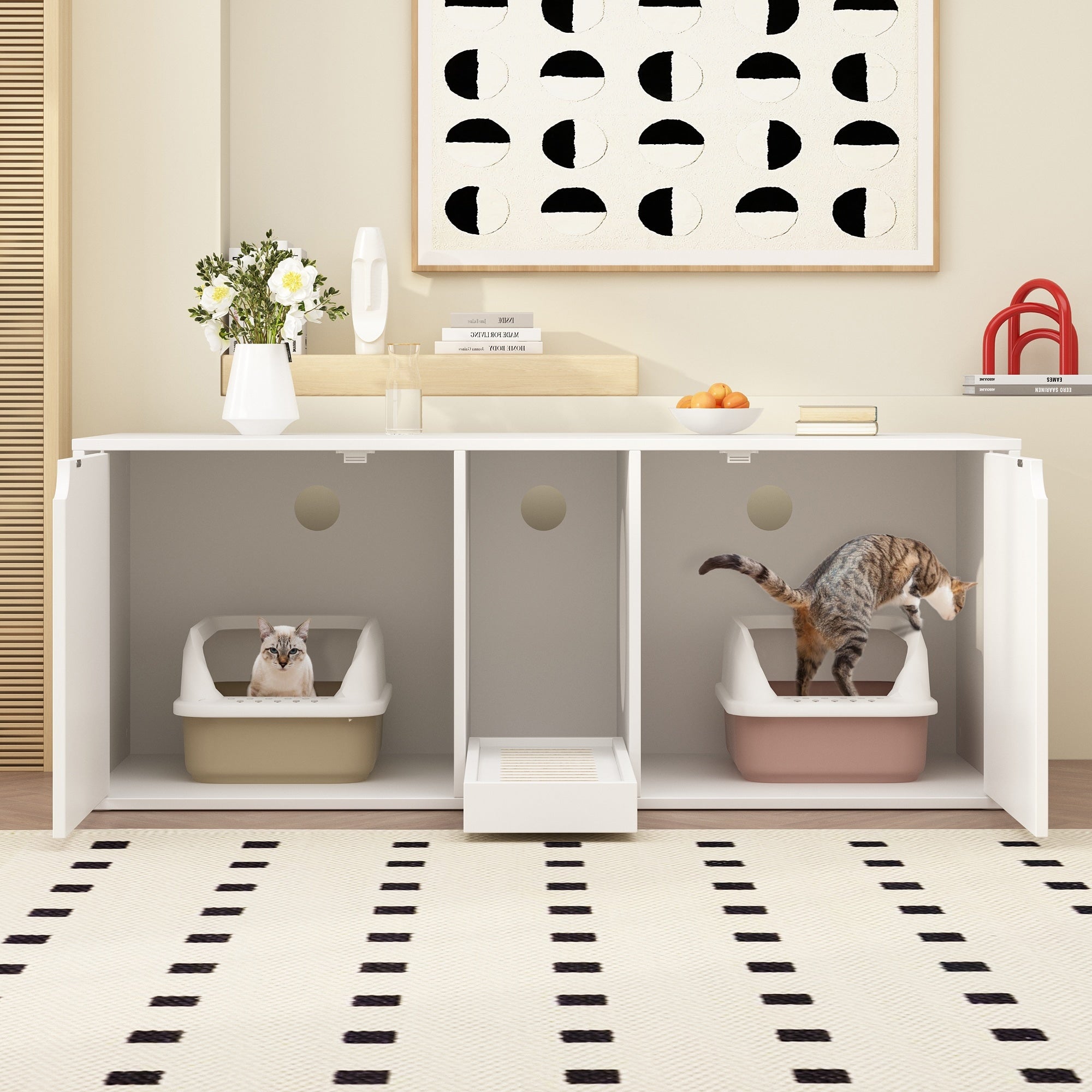 Bac à litière pour chat à deux compartiments, meuble multifonctionnel