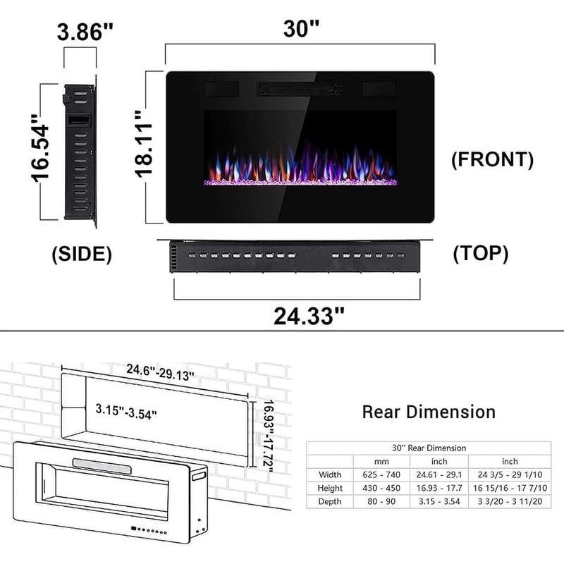 Cheminée électrique encastrée murale avec télécommande (750-1500 W)