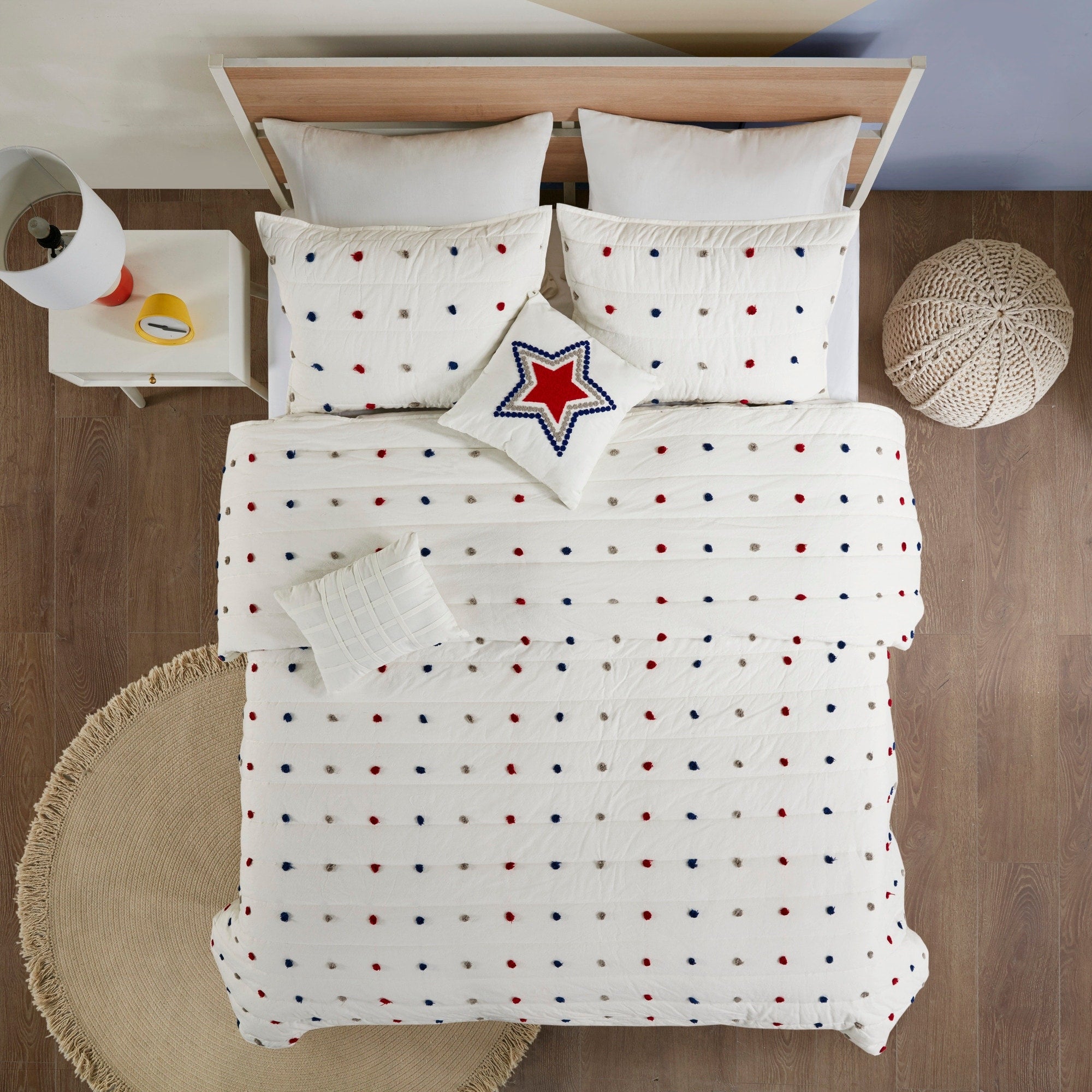 Parure de lit en jacquard de coton à pompons Ensley pour enfants, design intelligent, avec coussins décoratifs