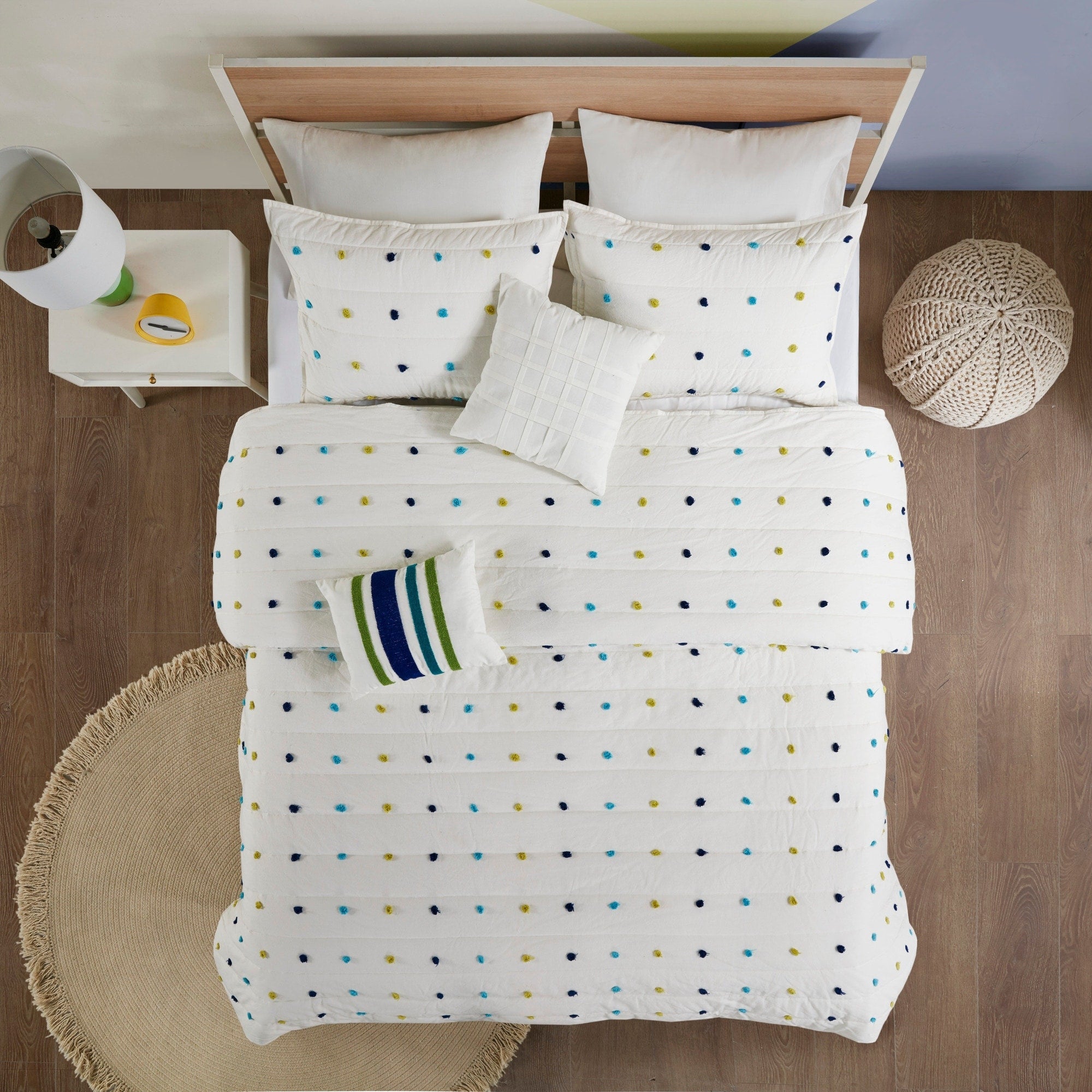 Parure de lit en jacquard de coton à pompons Ensley pour enfants, design intelligent, avec coussins décoratifs