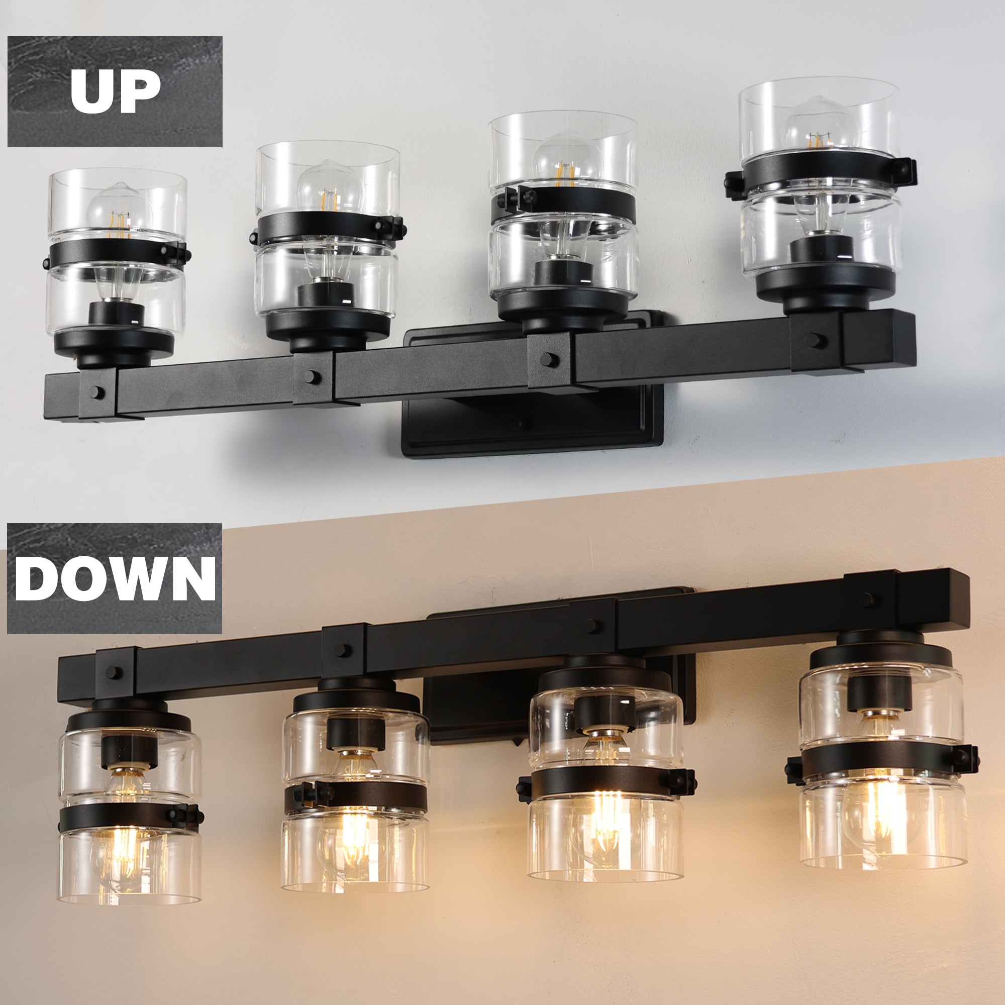 Applique murale de salle de bain ExBrite Farmhouse à 3 lumières, en fer noir à intensité variable