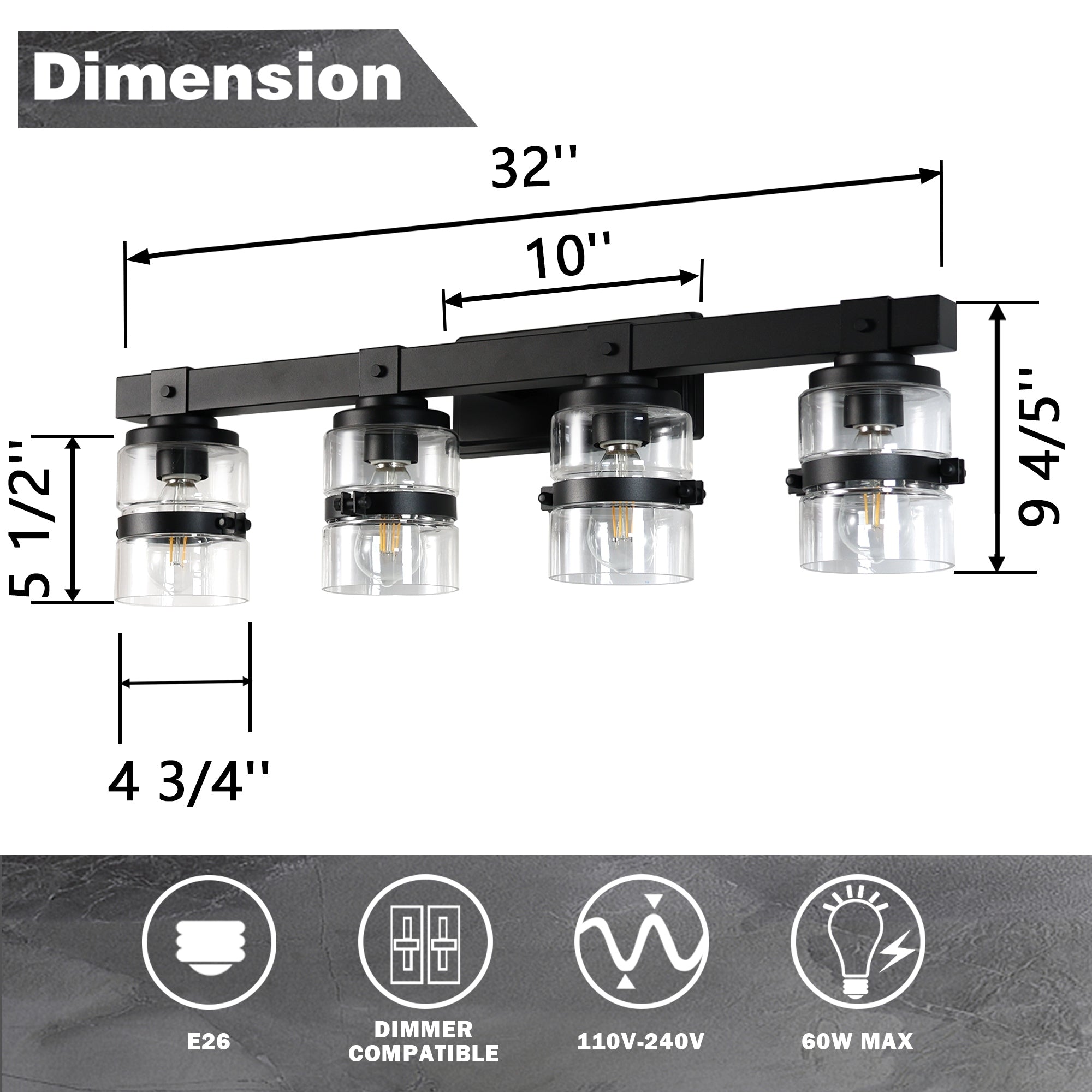 Applique murale de salle de bain ExBrite Farmhouse à 3 lumières, en fer noir à intensité variable