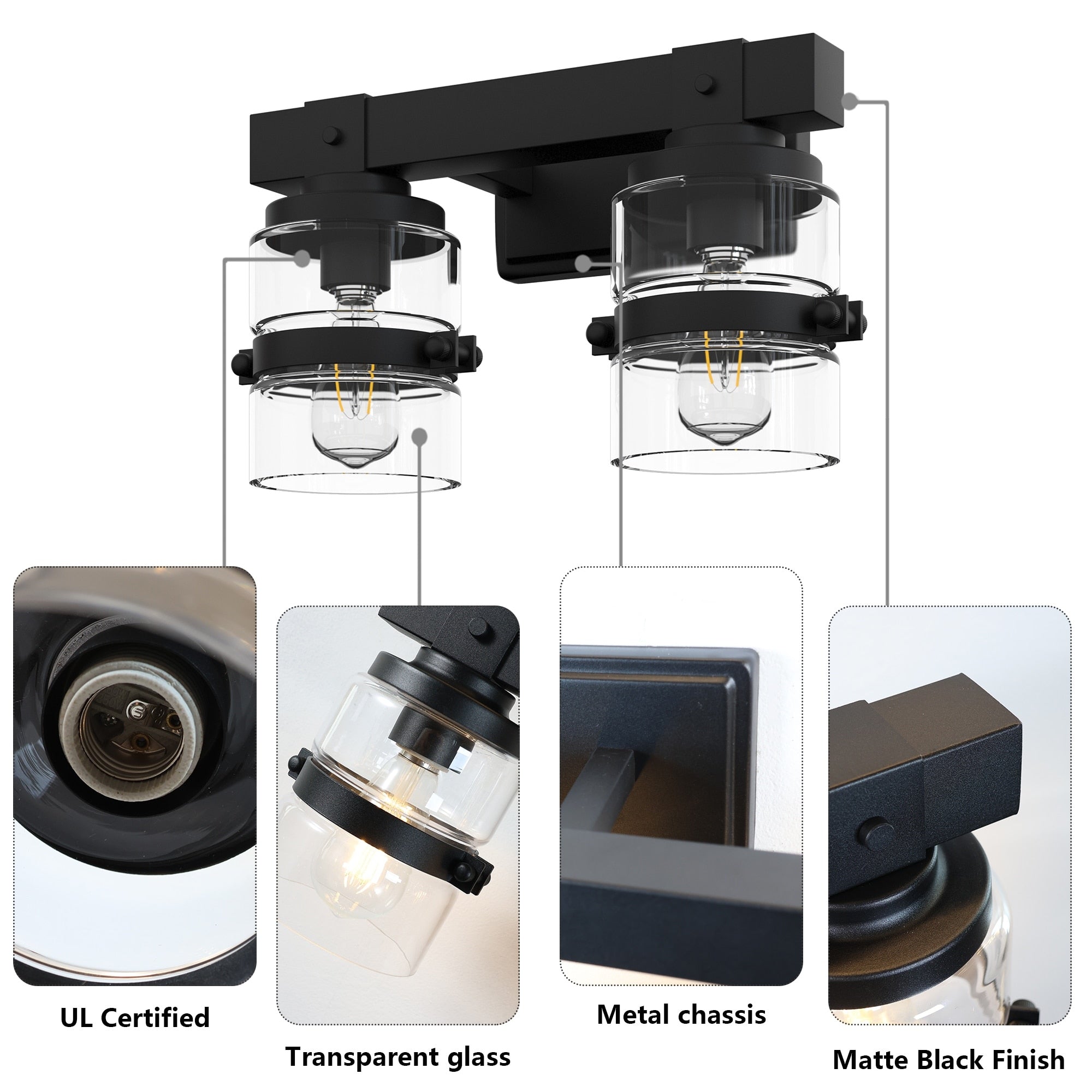 Applique murale de salle de bain ExBrite Farmhouse à 3 lumières, en fer noir à intensité variable