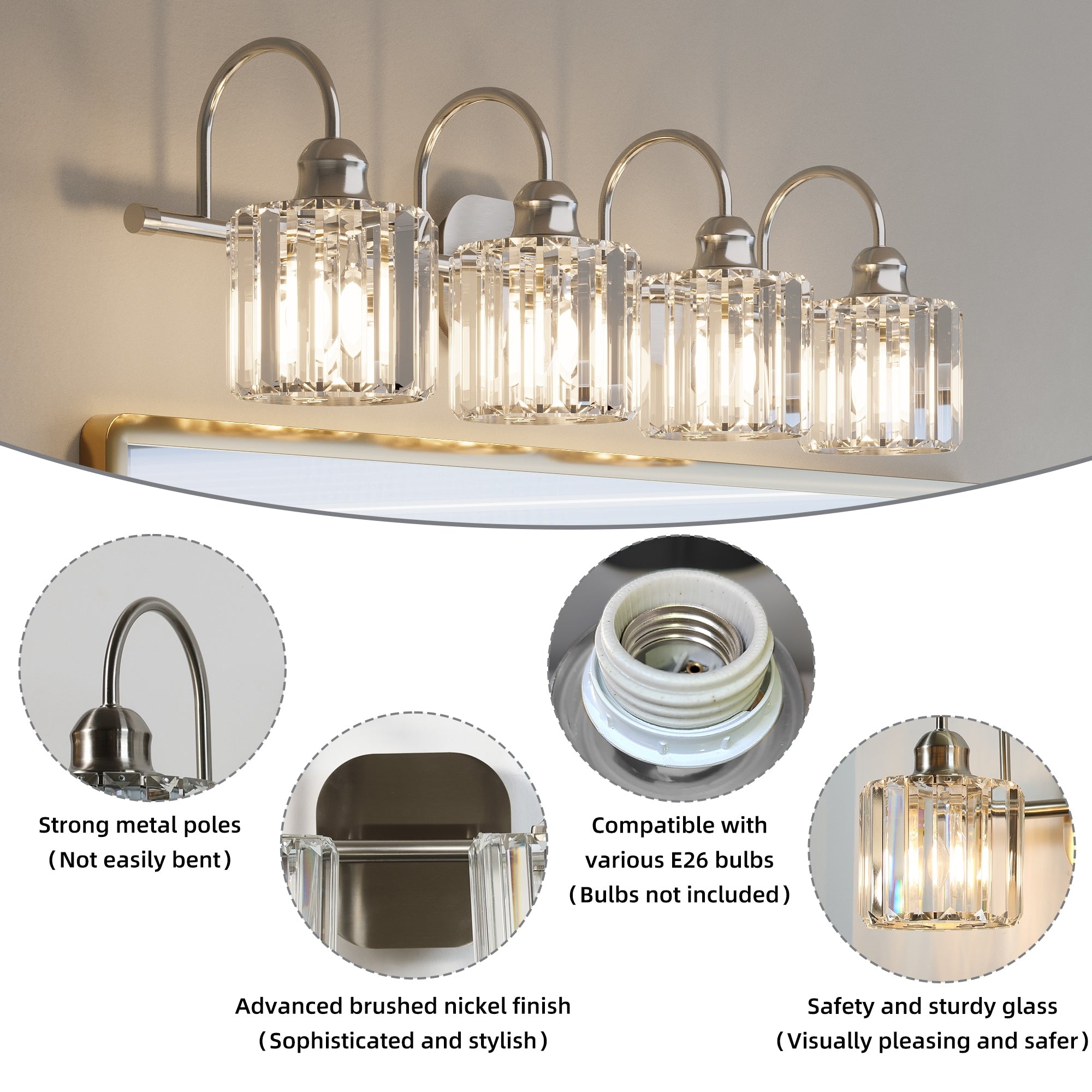 Appliques murales modernes ExBrite en cristal doré rose à 1, 2, 3, 4 ou 5 lumières pour salle de bain, à intensité variable