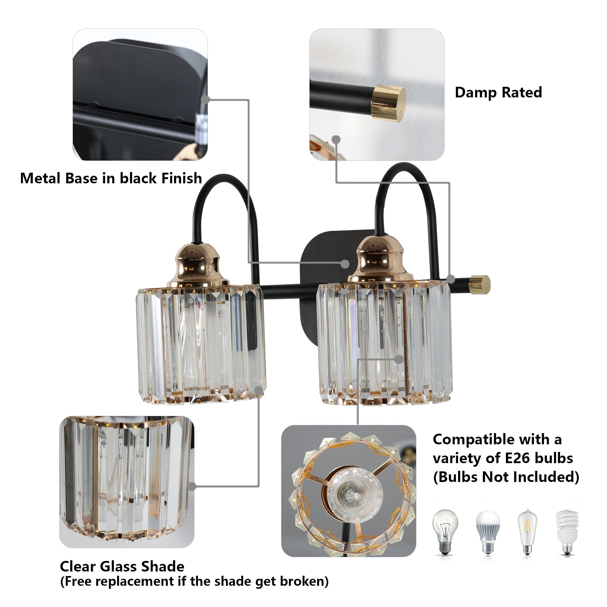 Appliques murales modernes ExBrite en cristal doré rose à 1, 2, 3, 4 ou 5 lumières pour salle de bain, à intensité variable