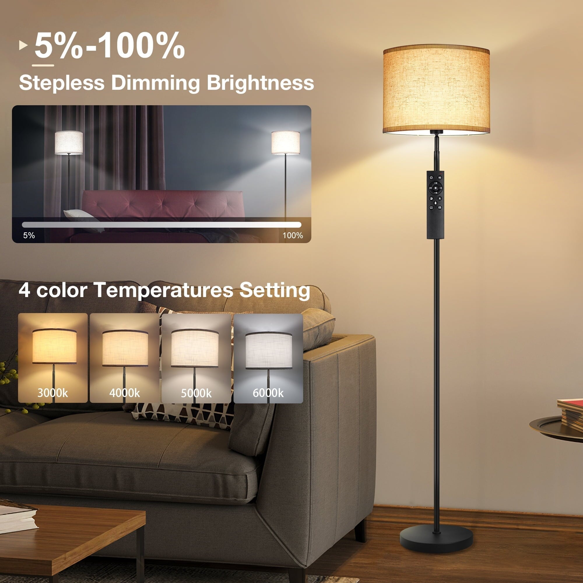 Lampadaires de salon avec télécommande et 4 températures de couleur - N/A