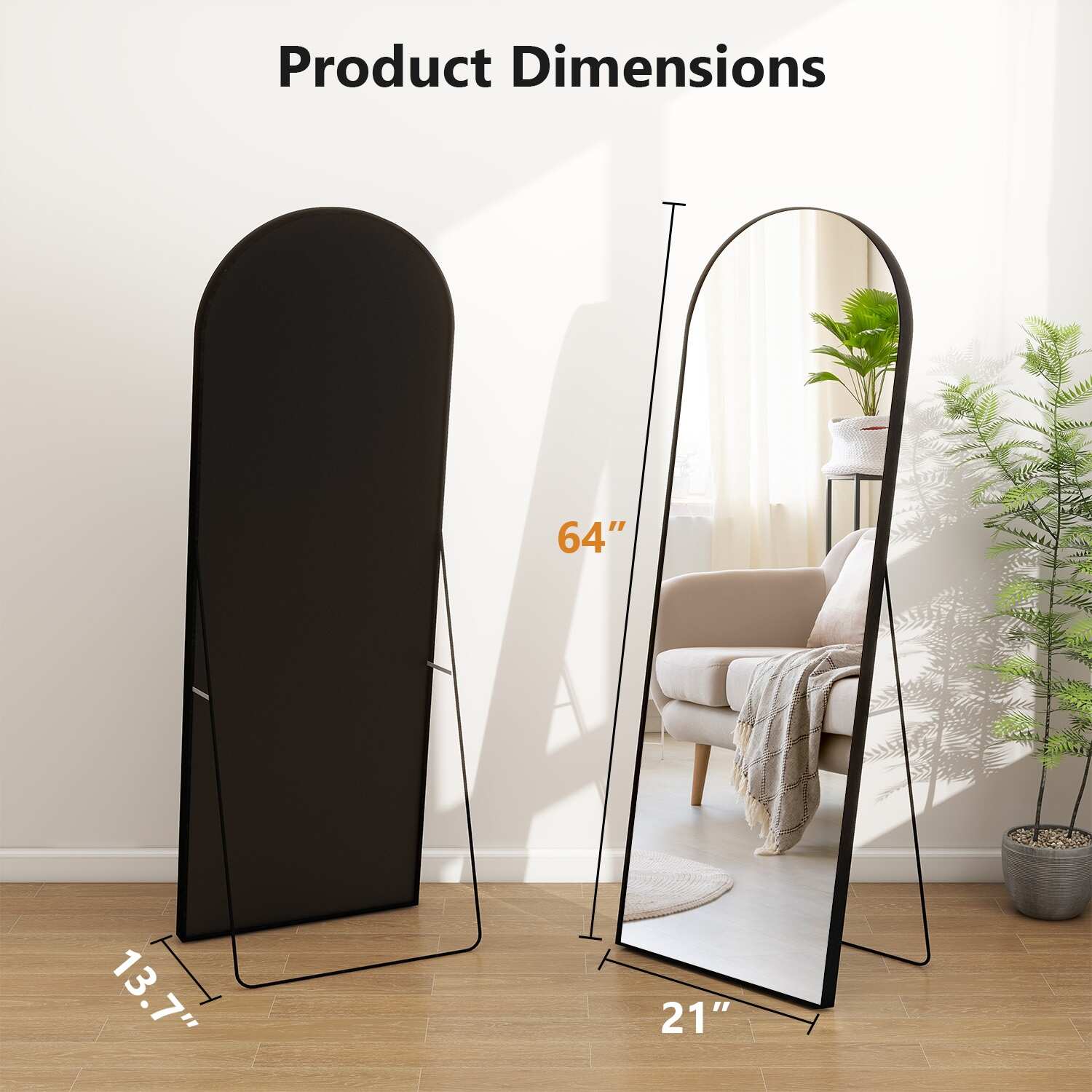 Miroir arqué pleine longueur avec verre incassable et support, cadre en alliage d'aluminium pour vestiaire de chambre, sur pied