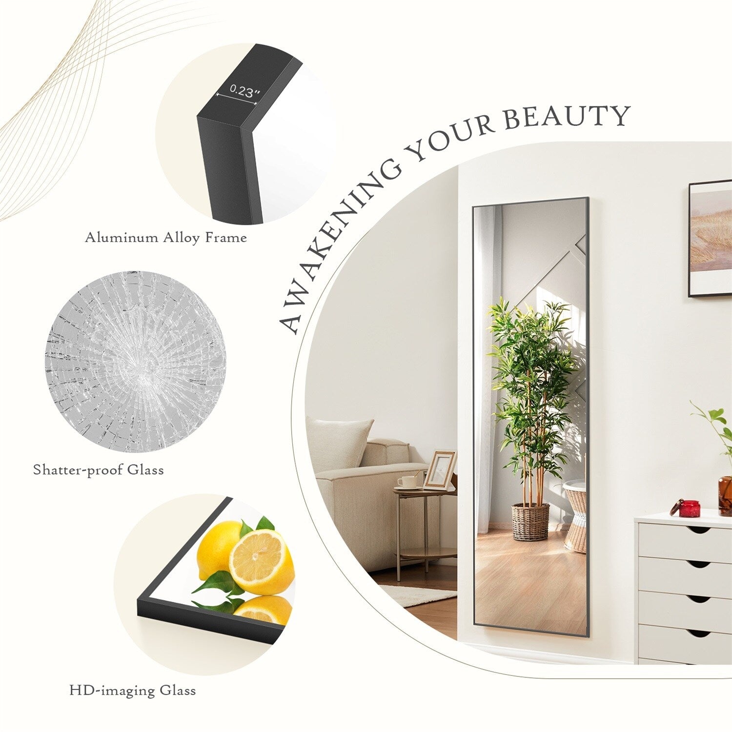 Miroir pleine longueur avec support, miroir de sol avec cadre en alliage d'aluminium pour chambre à coucher, miroir mural sur pied pour vestiaire