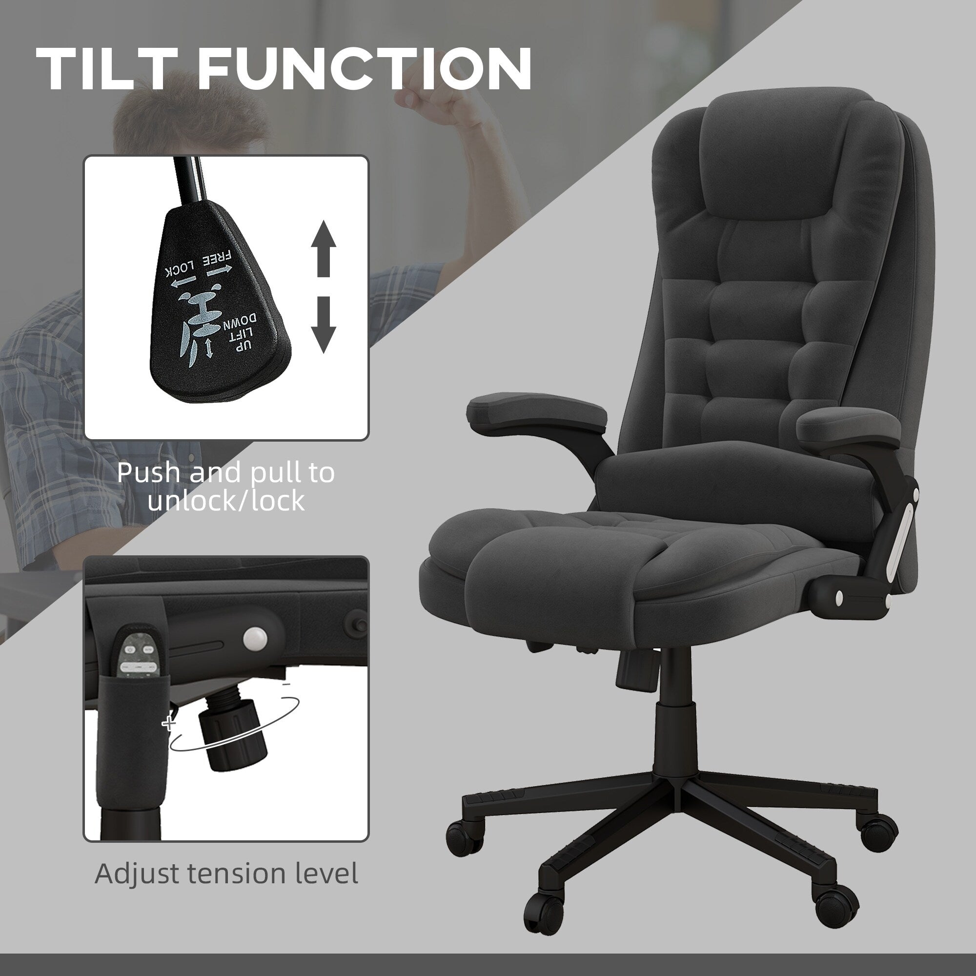 Fauteuil de bureau HOMCOM à massage vibrant 6 points avec chaleur, fauteuil de bureau exécutif à dossier haut en velours avec dossier inclinable