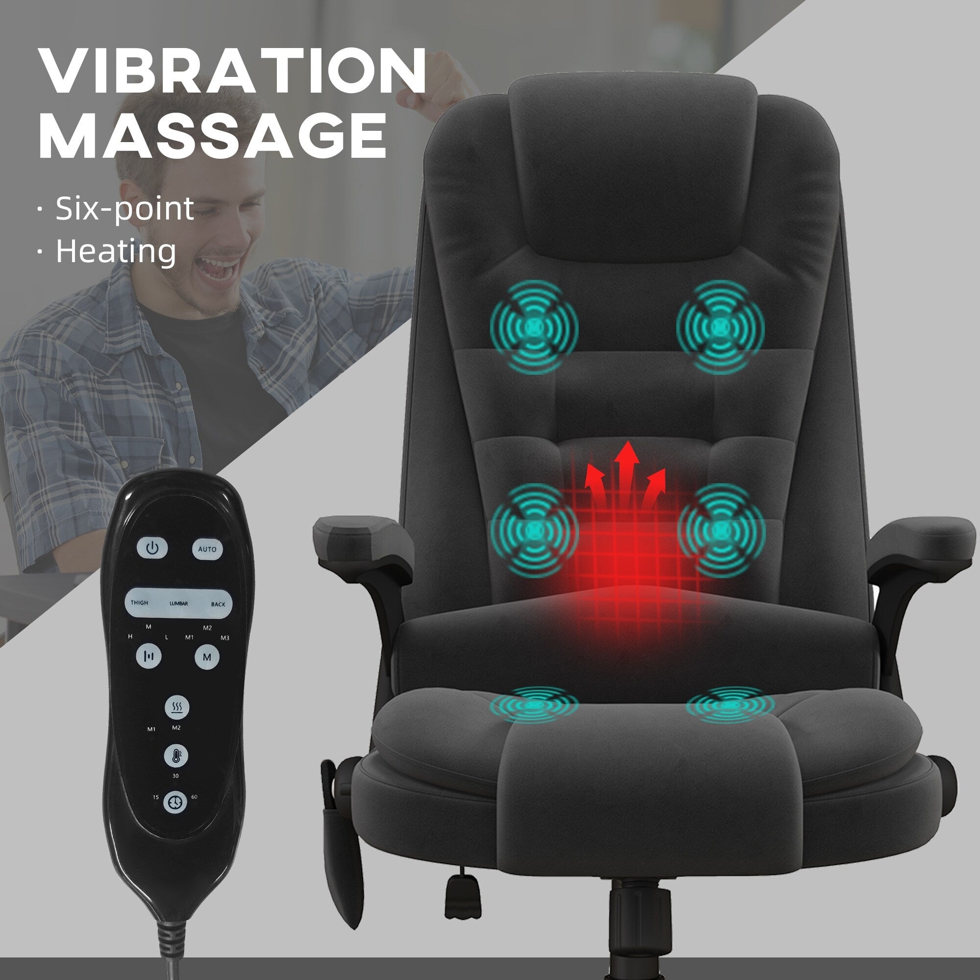 Fauteuil de bureau HOMCOM à massage vibrant 6 points avec chaleur, fauteuil de bureau exécutif à dossier haut en velours avec dossier inclinable