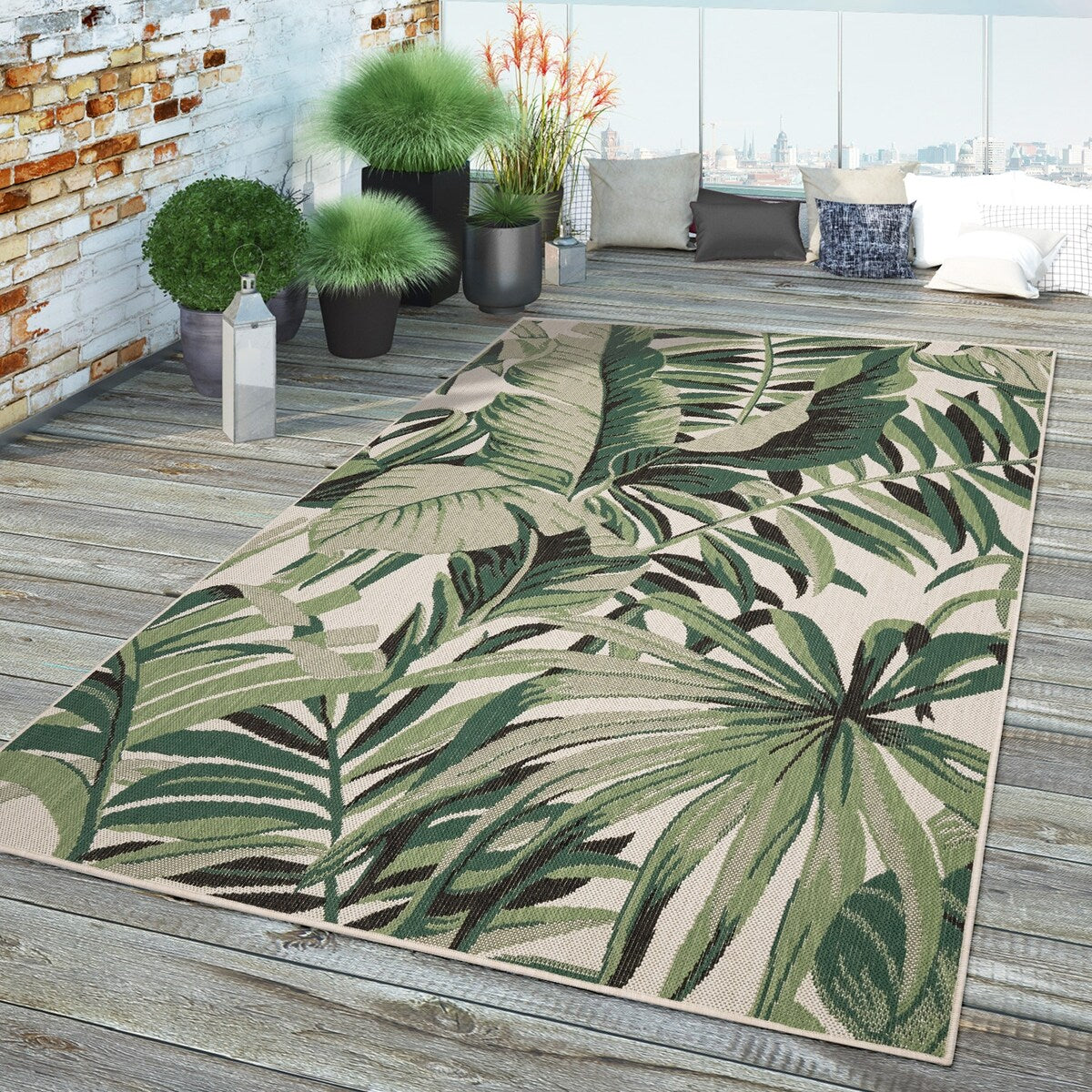 Tapis d'intérieur et d'extérieur motif feuilles de palmier tropicales pour terrasse en vert beige