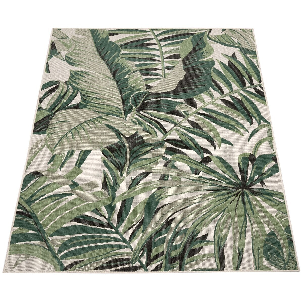 Tapis d'intérieur et d'extérieur motif feuilles de palmier tropicales pour terrasse en vert beige