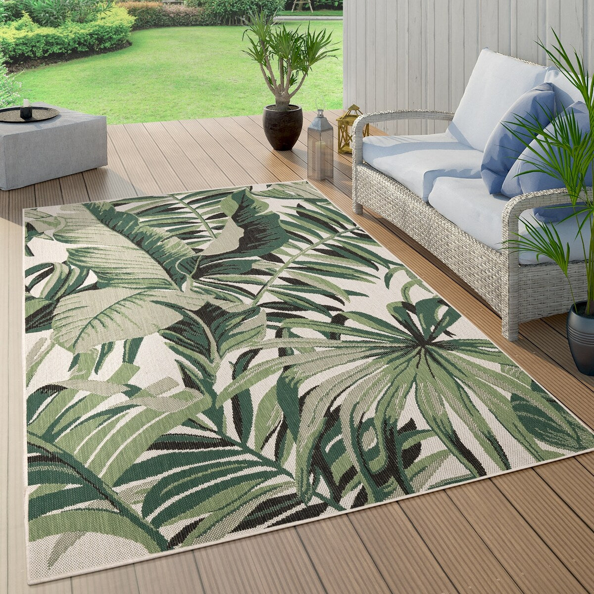 Tapis d'intérieur et d'extérieur motif feuilles de palmier tropicales pour terrasse en vert beige