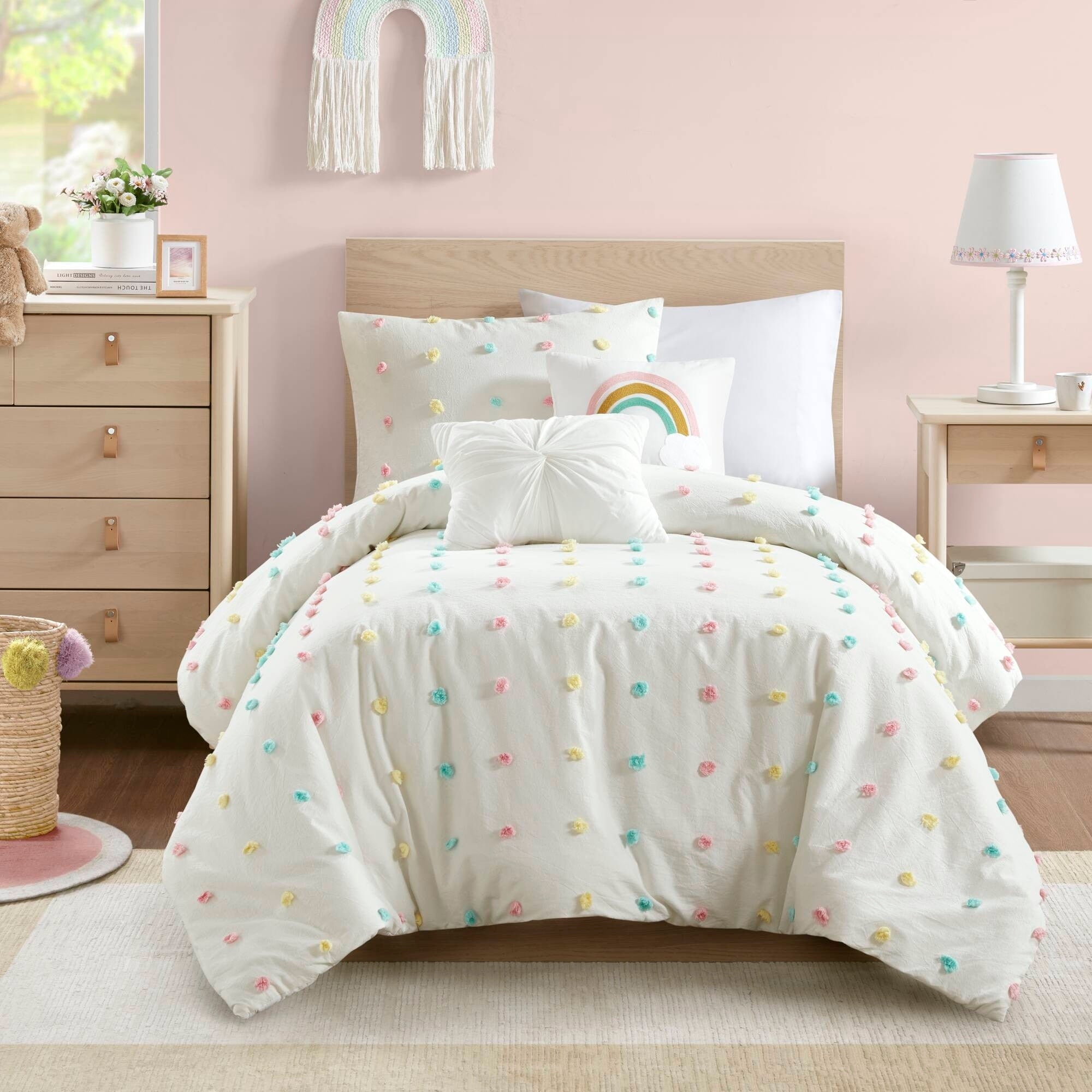 Parure de lit en jacquard de coton à pompons Ensley pour enfants, design intelligent, avec coussins décoratifs