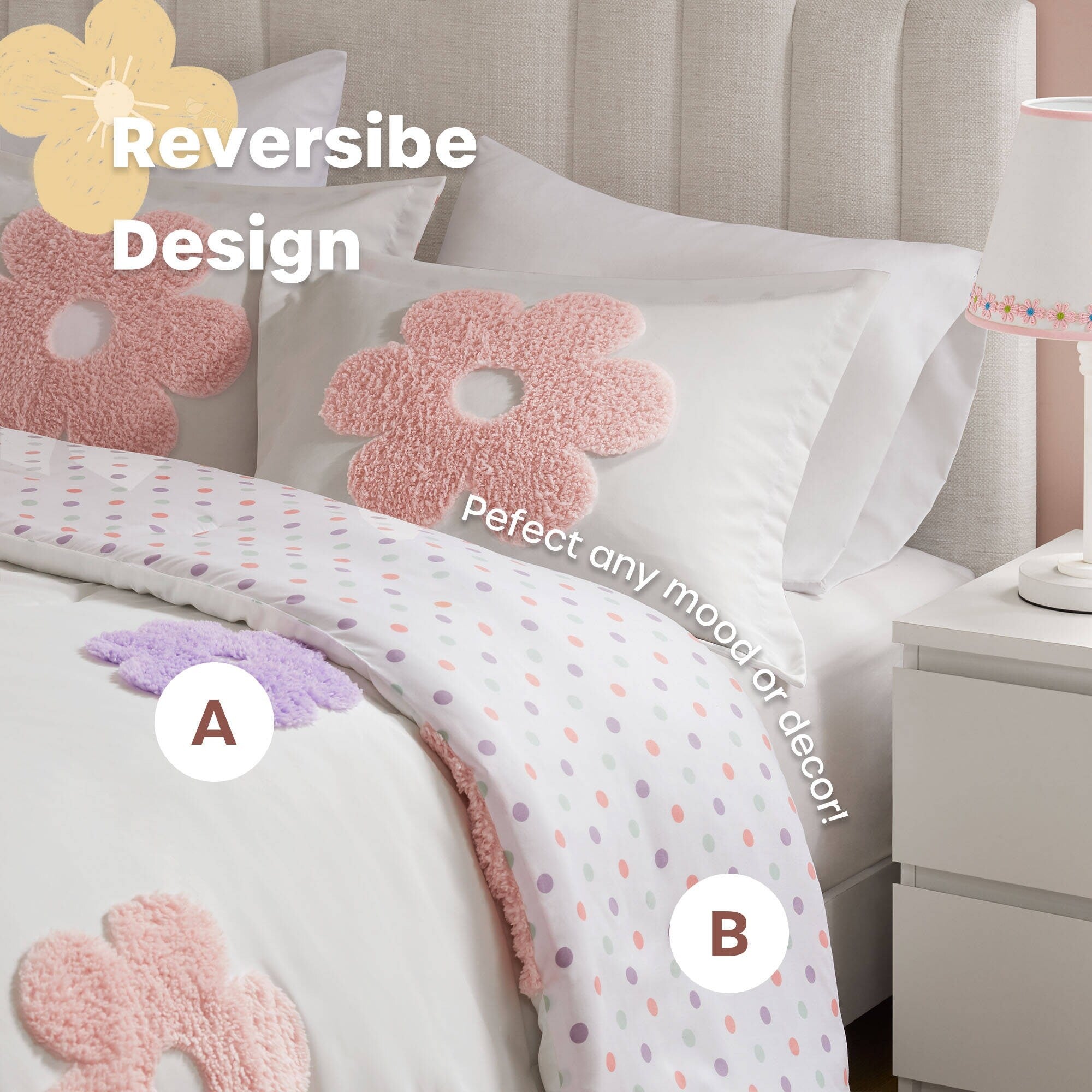 Parure de lit réversible en chenille touffetée à motif floral Madeline pour enfants au design intelligent