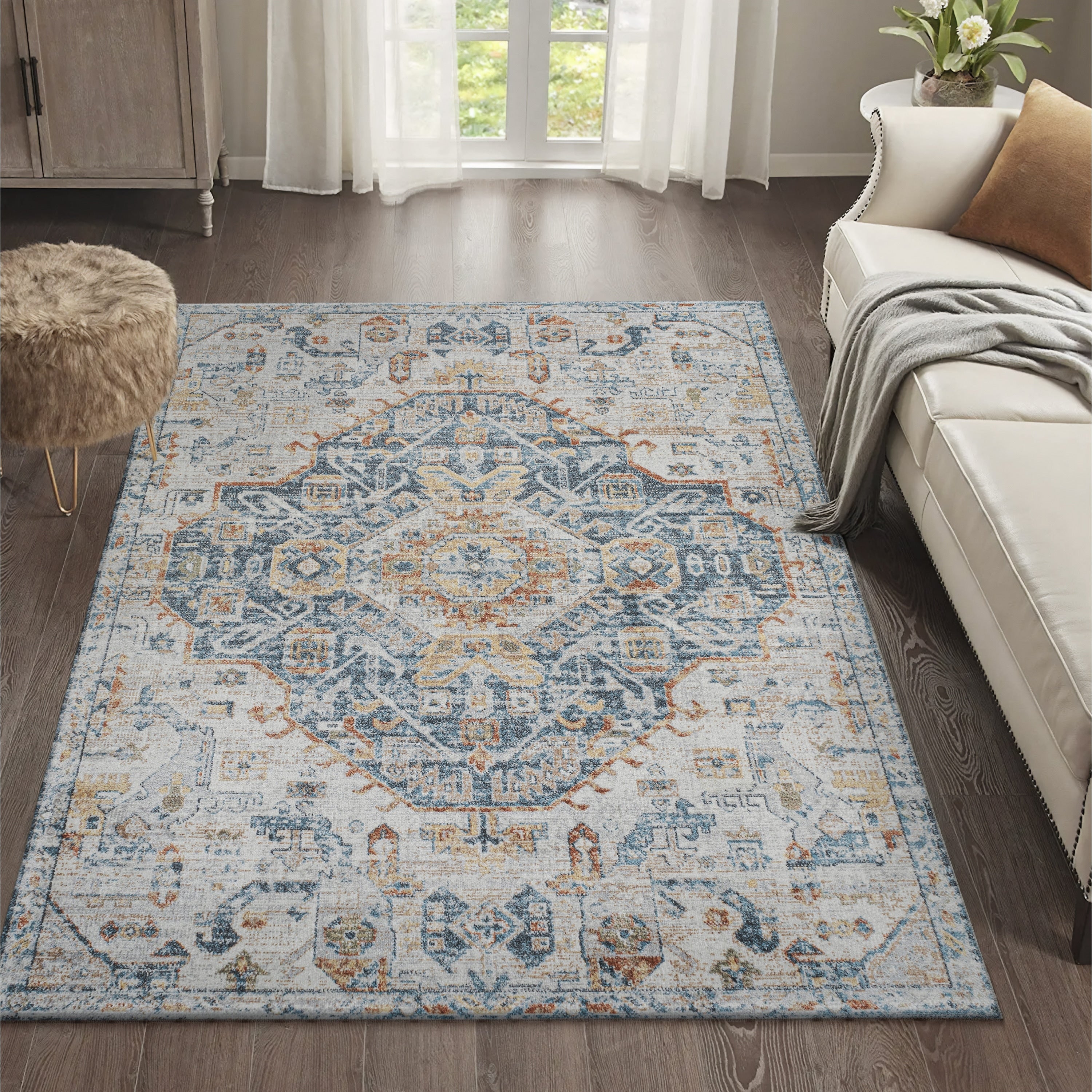Tapis à poils ras JONATHAN Y Brandy Bohemian Medallion, lavable en machine, couleur crème/terra