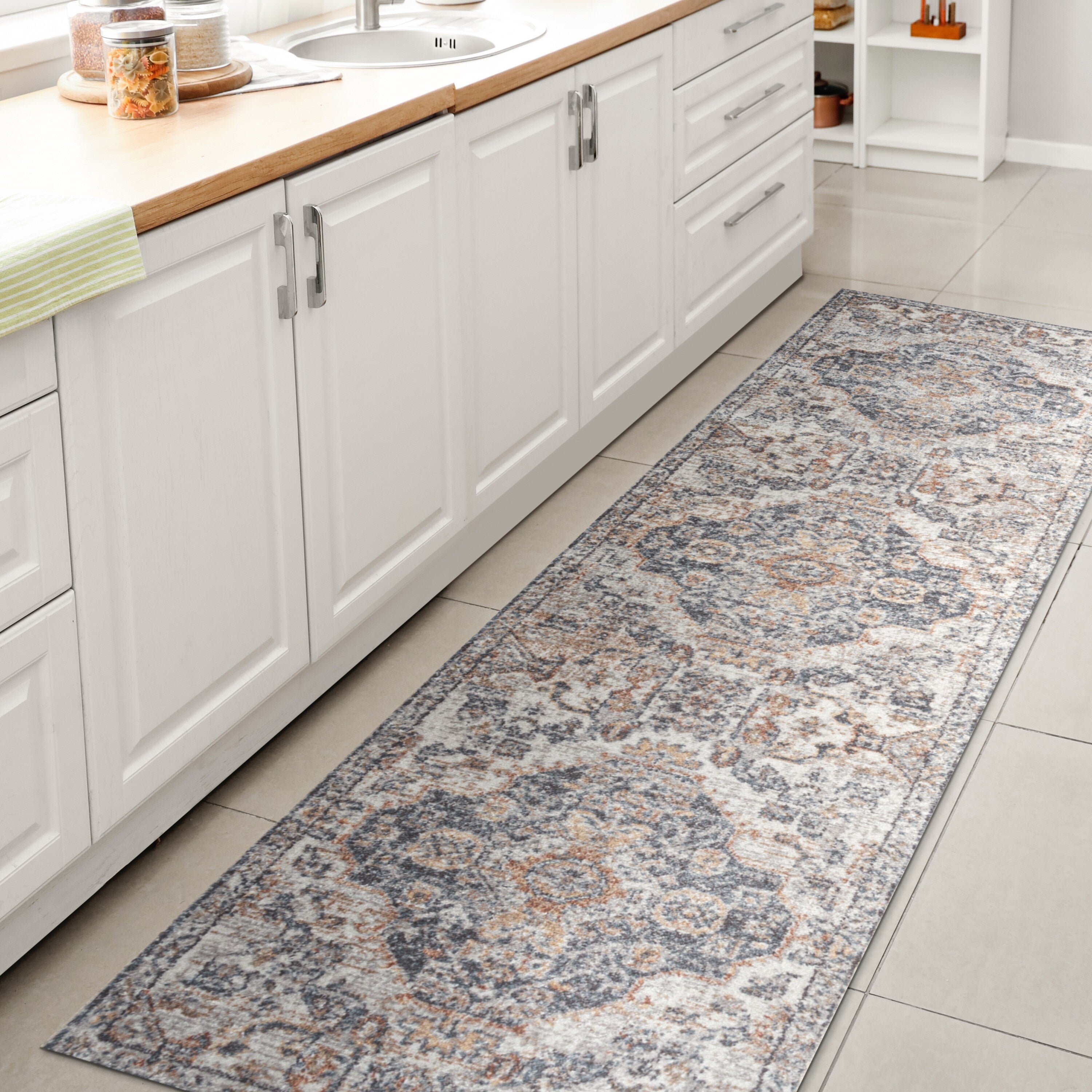 Tapis à poils ras JONATHAN Y Brandy Bohemian Medallion, lavable en machine, couleur crème/terra