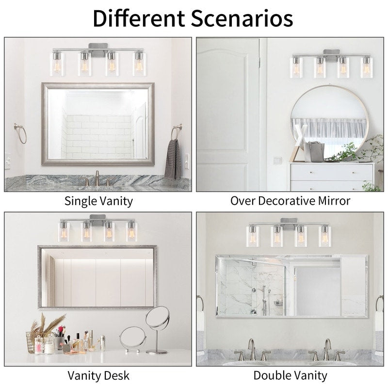 KAWOTI Lampe de salle de bain moderne à 4 lumières de 29 pouces avec abat-jour en verre transparent