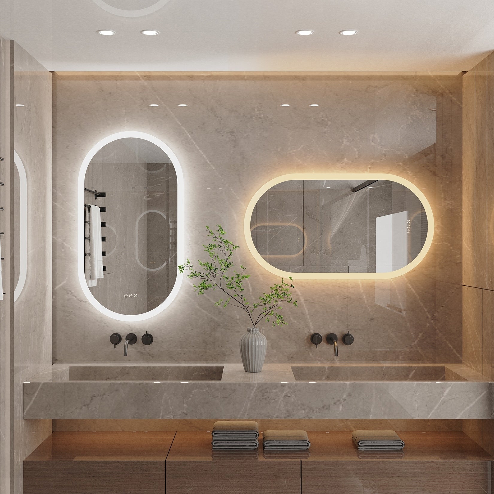Grand miroir mural de salle de bain ovale sans cadre à LED, rétroéclairé à 3 niveaux, antibuée