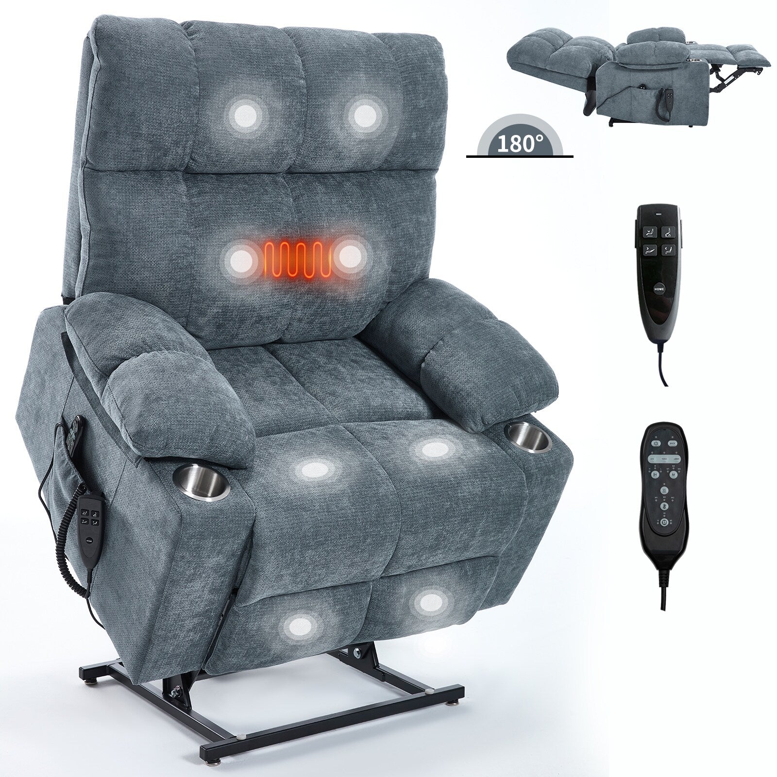 Fauteuil inclinable électrique Lazy Boy à double moteur en chenille avec massage et chauffage lombaire, deux porte-gobelets, gris-bleu