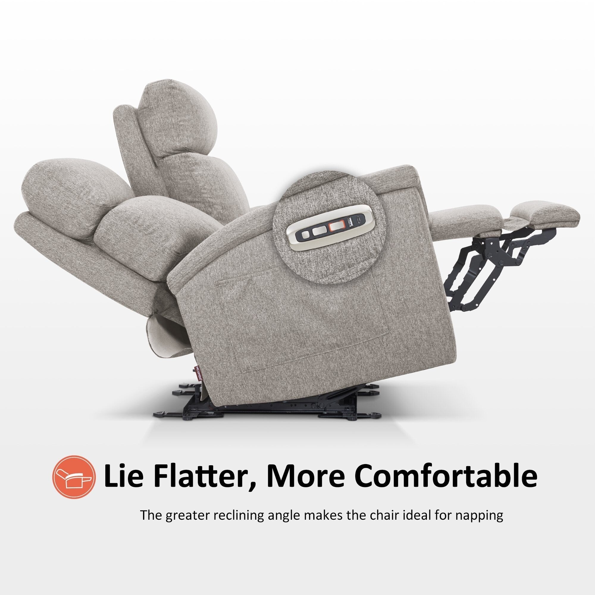 Canapé inclinable électrique MCombo 60.2 avec massage et double chauffage, appui-tête réglable, ports USB et Type-C, tissu