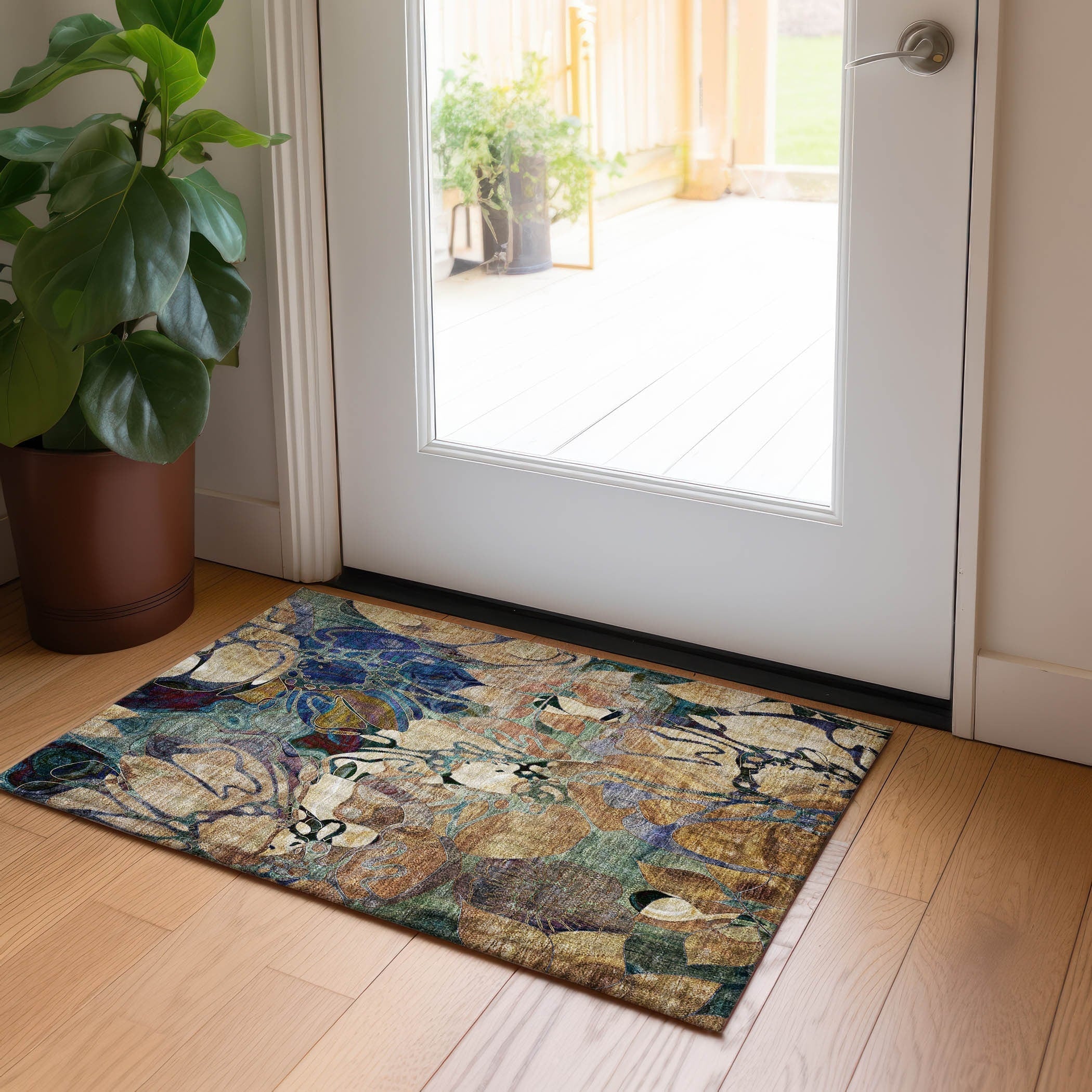 Tapis Chantille floral moderne lavable en machine pour intérieur/extérieur