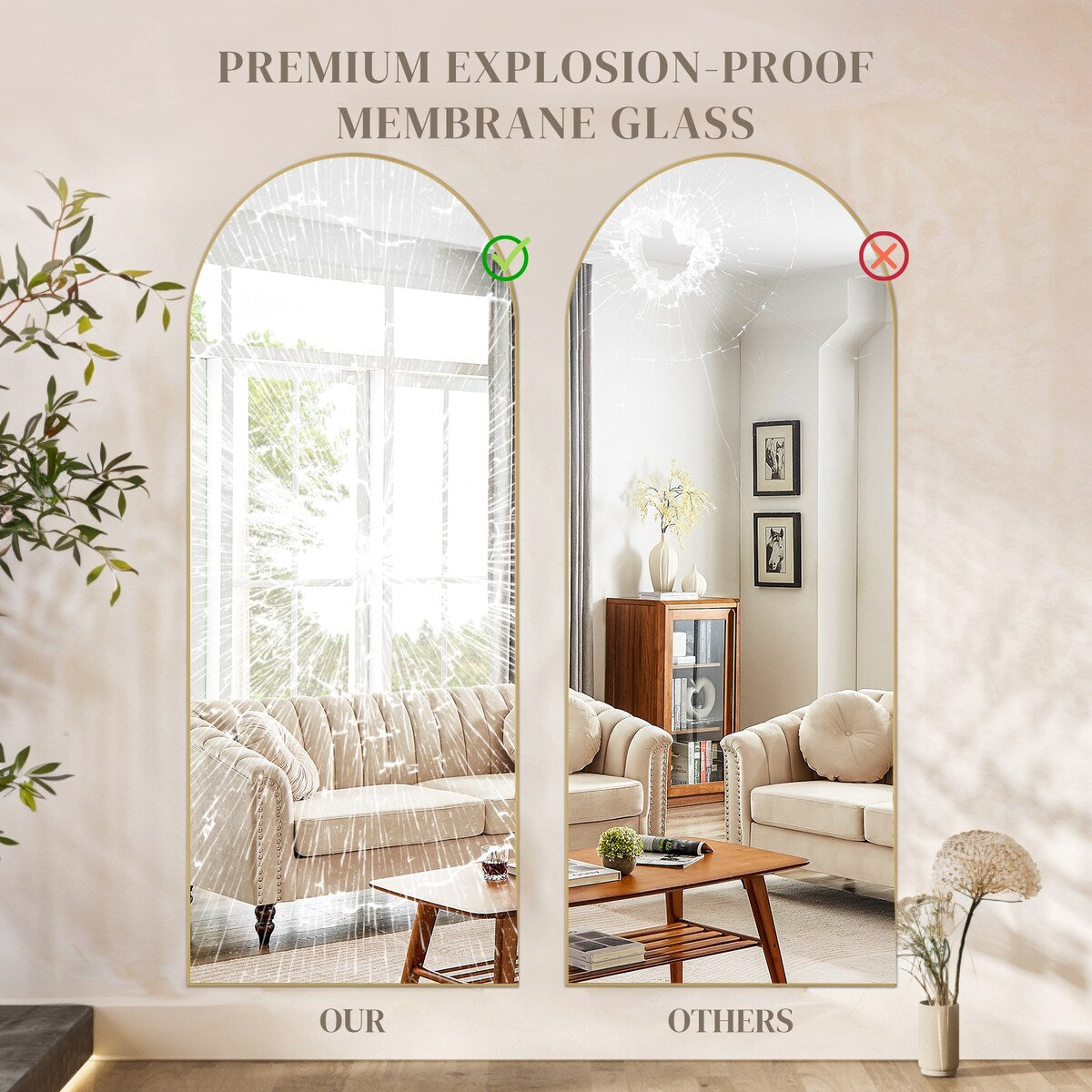 Miroir mural pleine longueur avec verre incassable, à poser au sol pour chambre à coucher, vestiaire