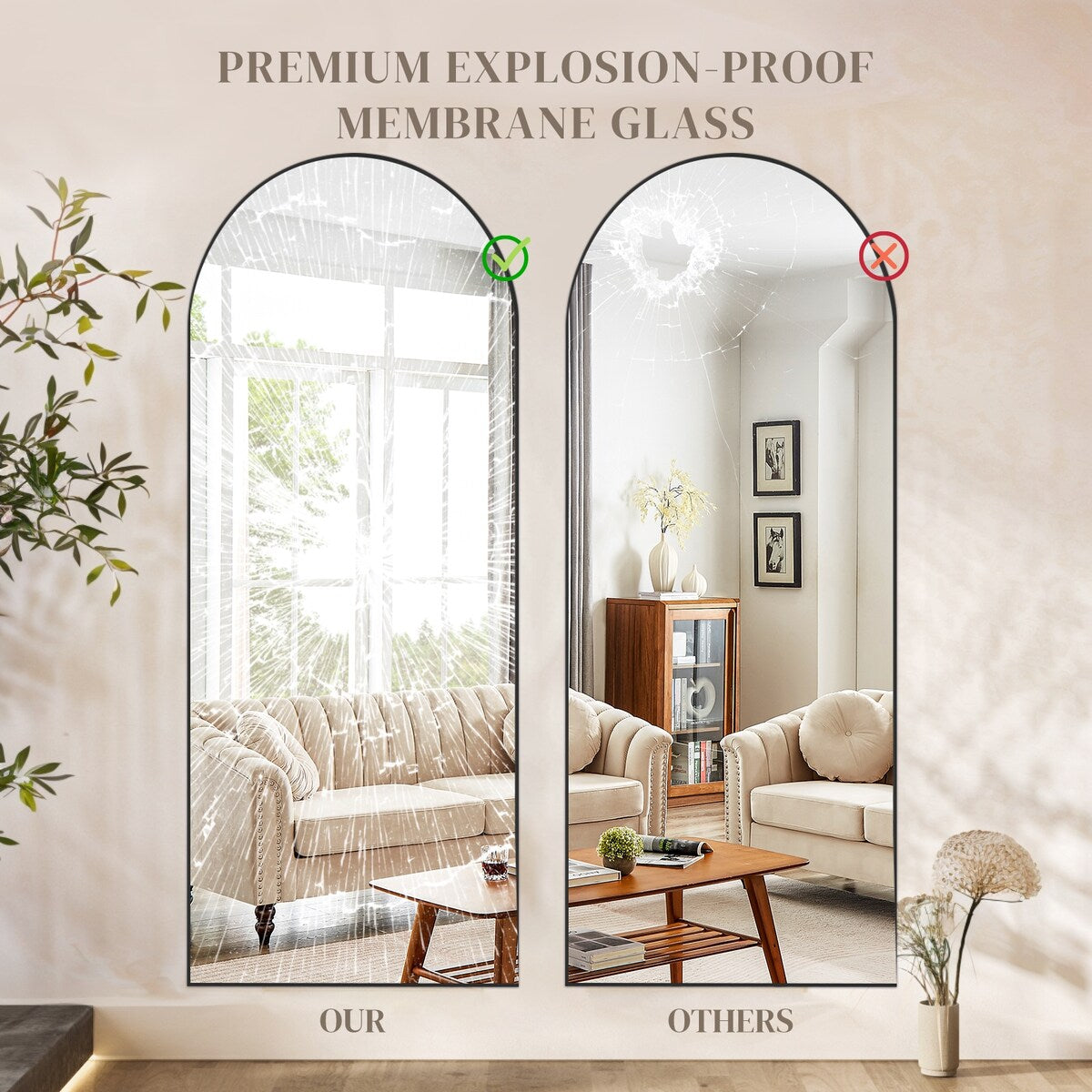 Miroir mural pleine longueur avec verre incassable, à poser au sol pour chambre à coucher, vestiaire