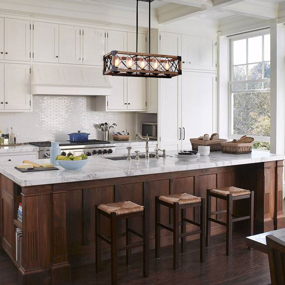 Lustre rectangulaire en bois à 5 lumières de style ferme moderne, avec verre grainé et îlot de cuisine pour salle à manger – 31,5 L x 8,75 l x 8 H