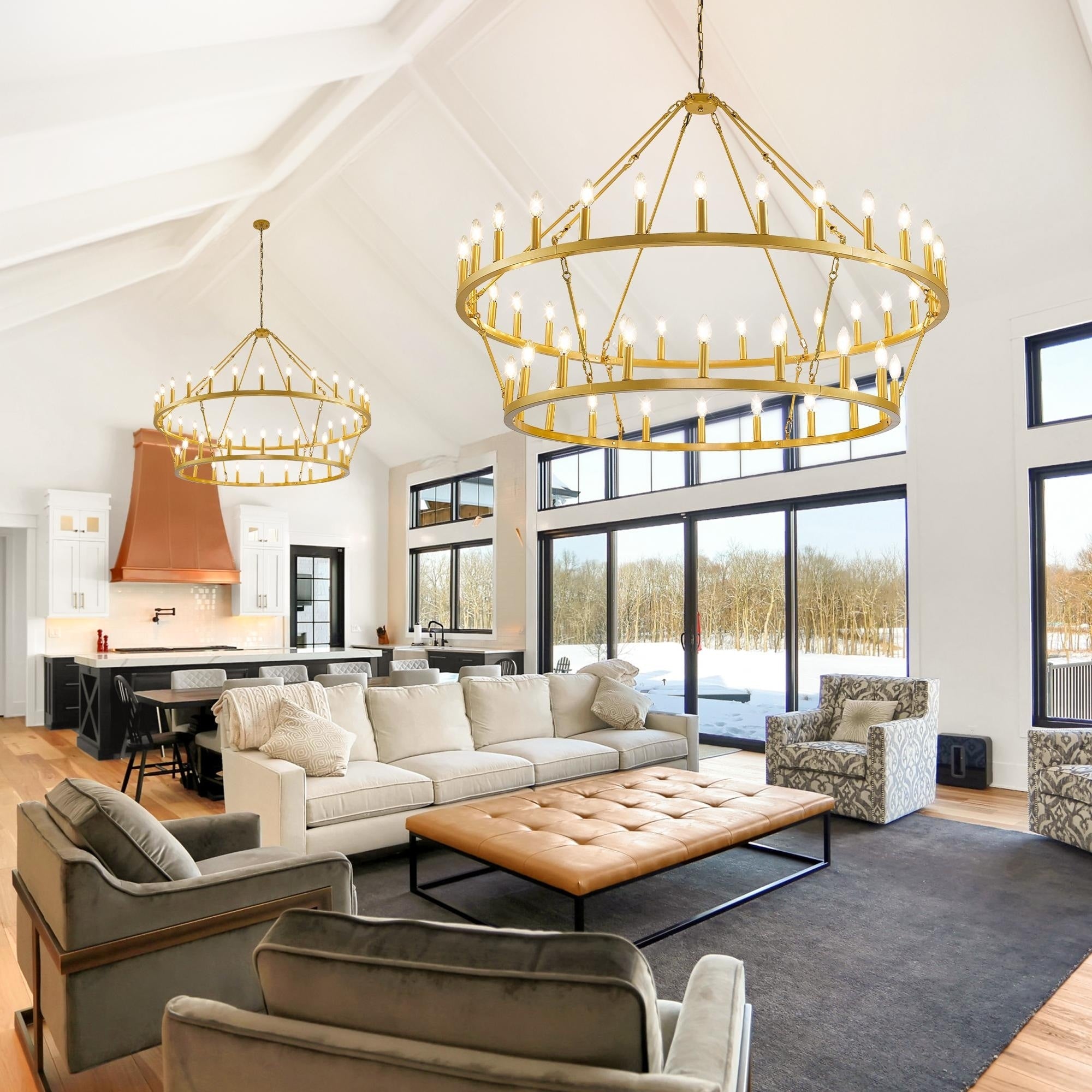 Lustre de ferme moderne à 2 niveaux, lustre rond en forme de roue de chariot, grand plafonnier haut.