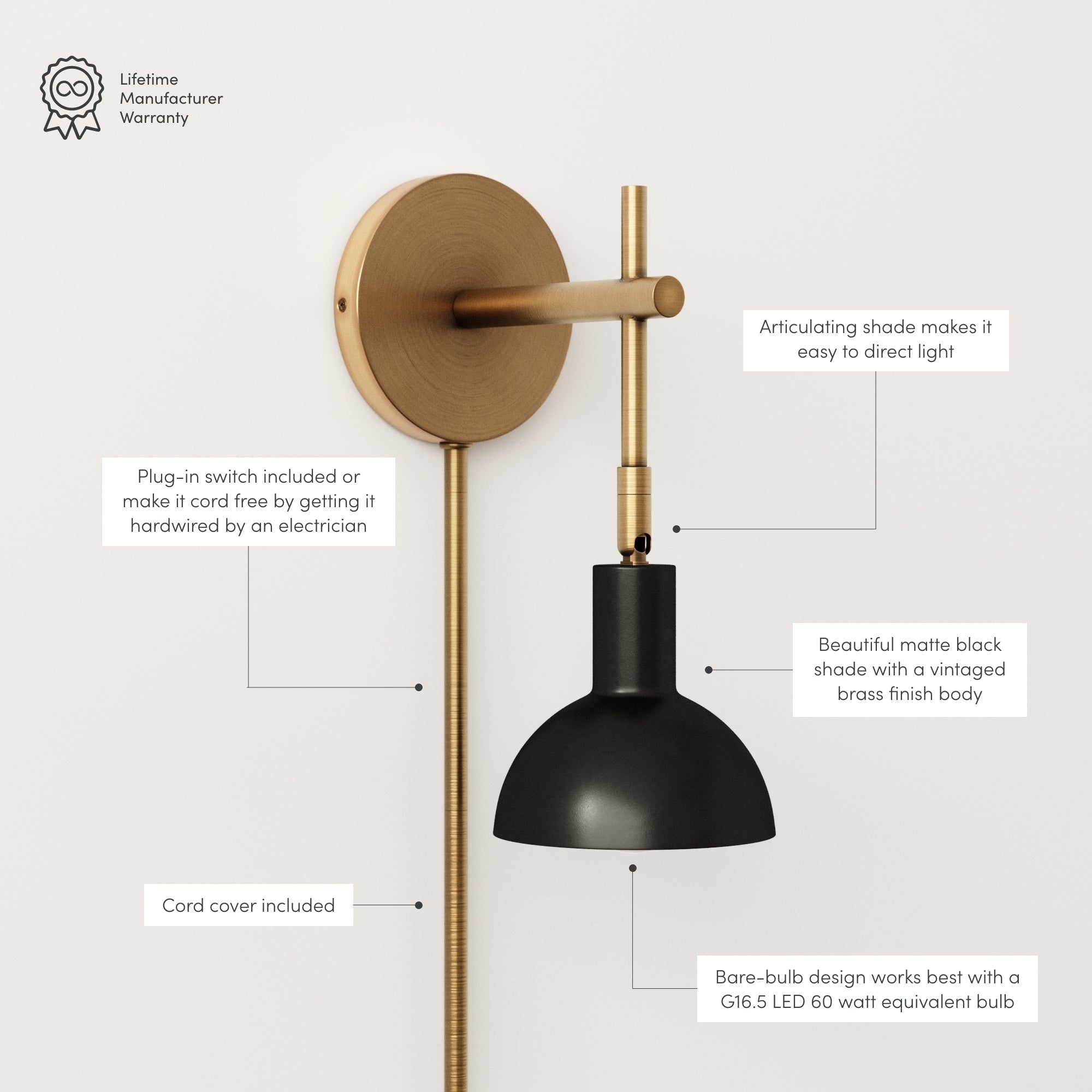Nathan James Tamlin Wall Mounted Armed Sconce 1-Light Fixture with Plugin and On/Off Switch