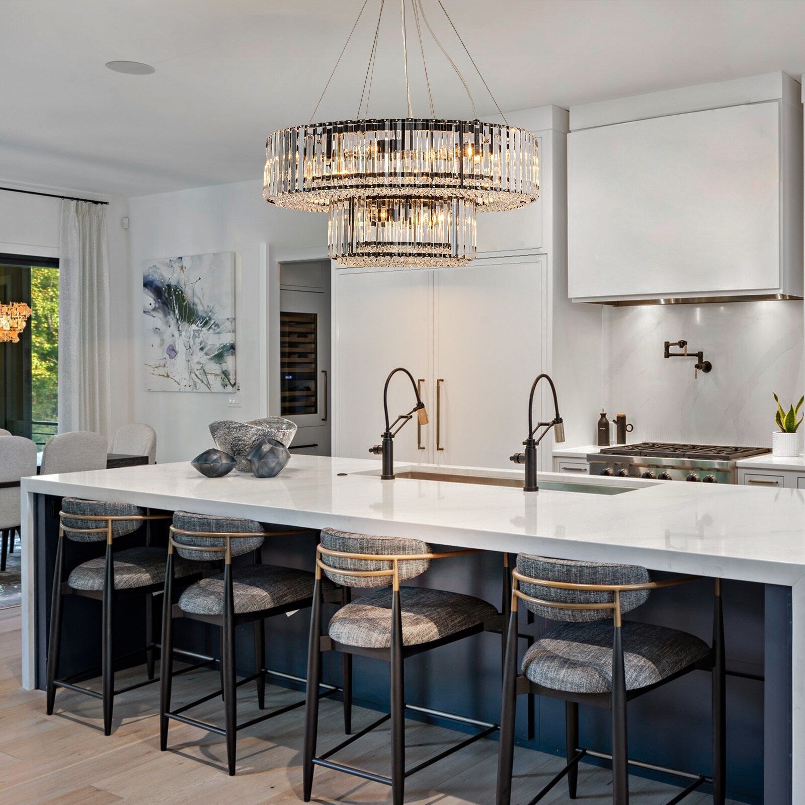 Lustre rond moderne en cristal OYIPRO 6/8/12 lumières en forme de tambour pour îlot de cuisine