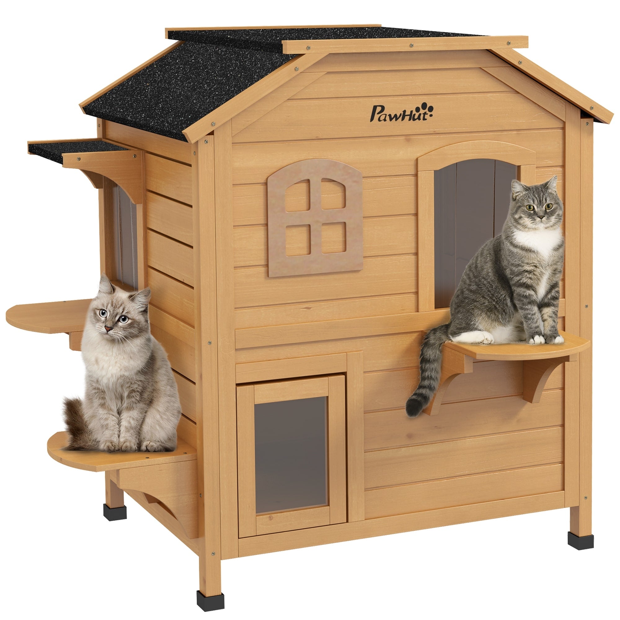 Maison pour chat d'extérieur PawHut en bois de sapin à deux étages, abri pour chats sauvages en bois avec toit en asphalte ouvrable pour intérieur/extérieur, blanc/gris