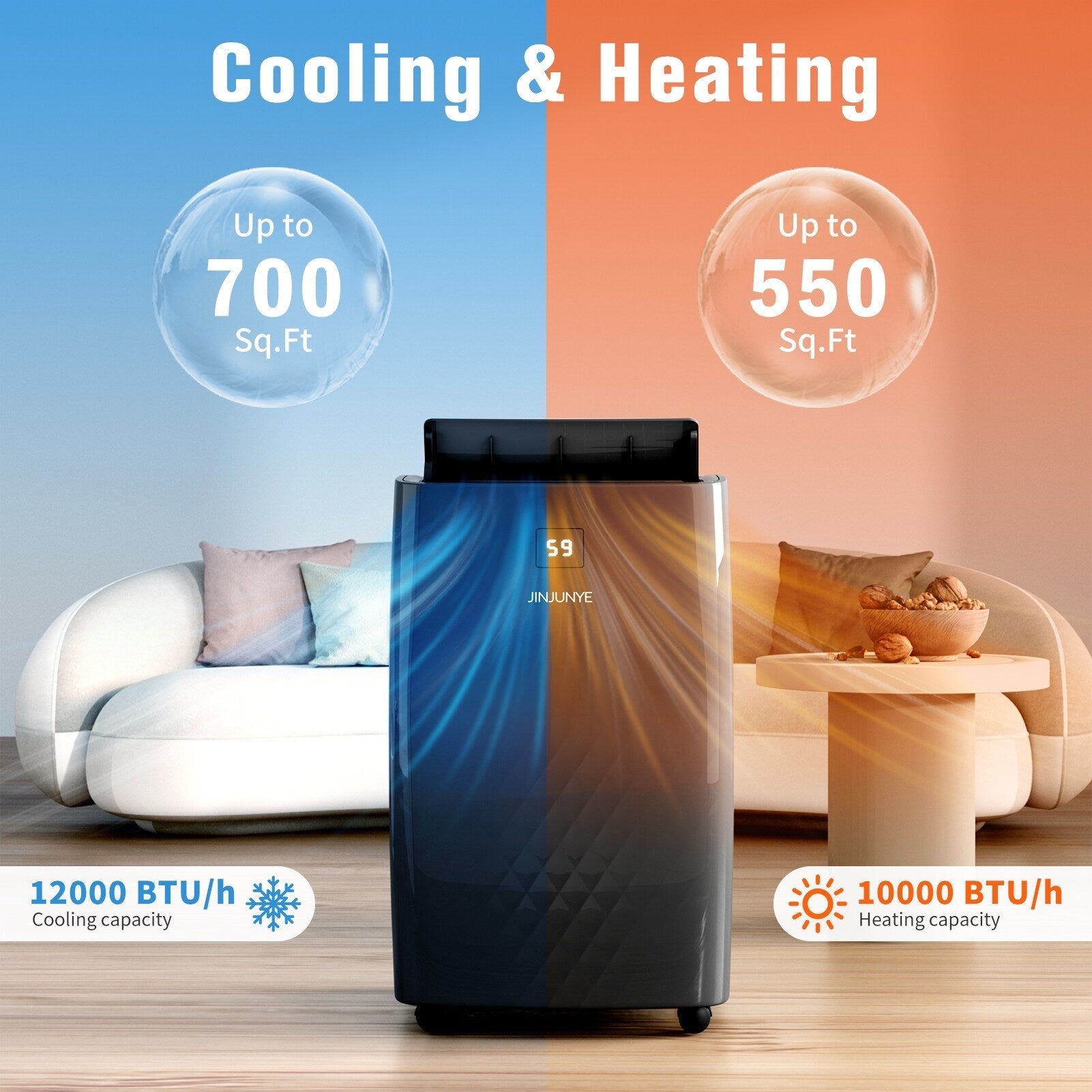Climatiseur portatif avec chauffage – 12 000 BTU de refroidissement et 10 000 BTU de chauffage pour pièces jusqu'à 700 pi²