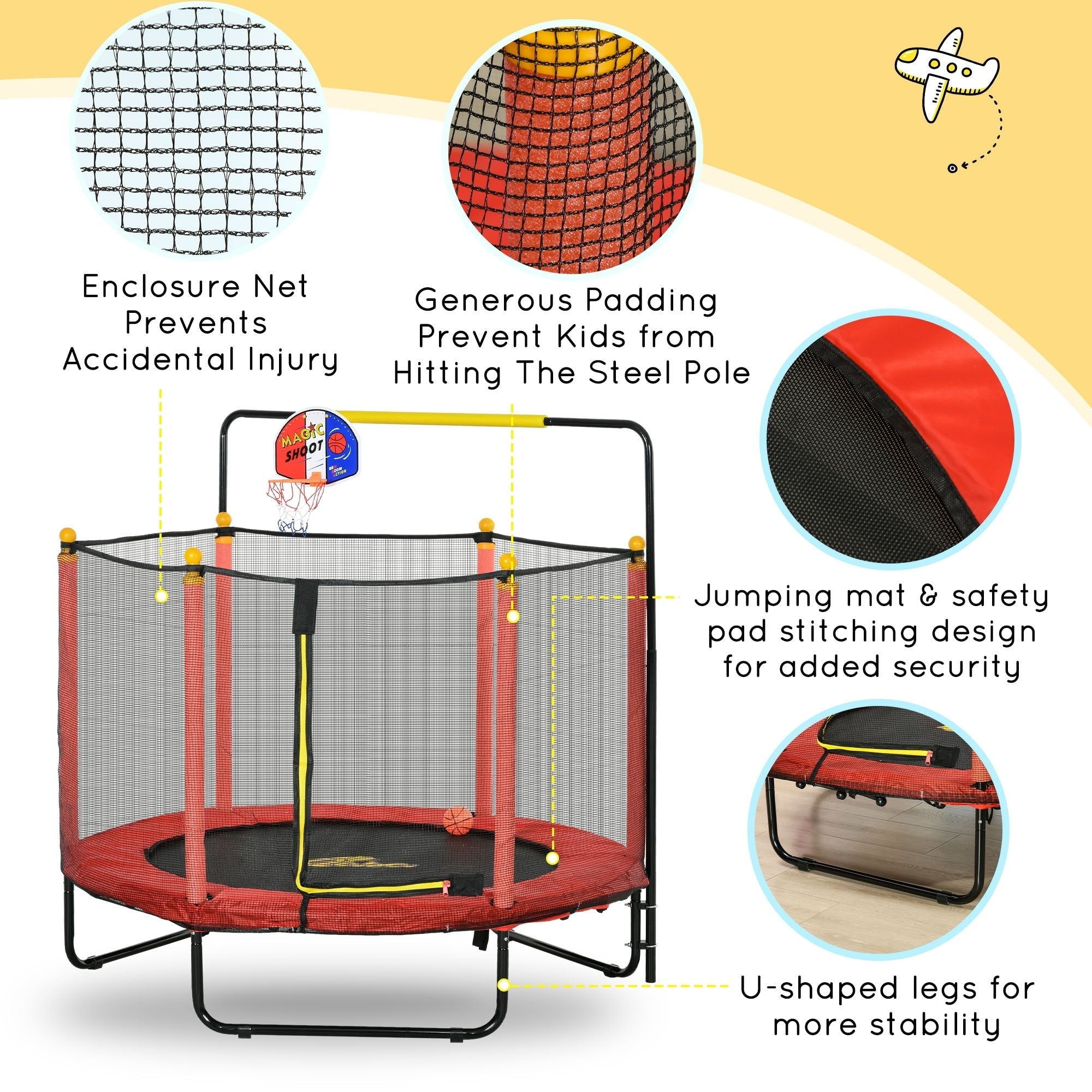 Trampoline Qaba pour enfants de 4,6 pi avec panier de basket, barre horizontale et trampoline d'intérieur de 55 po avec filet