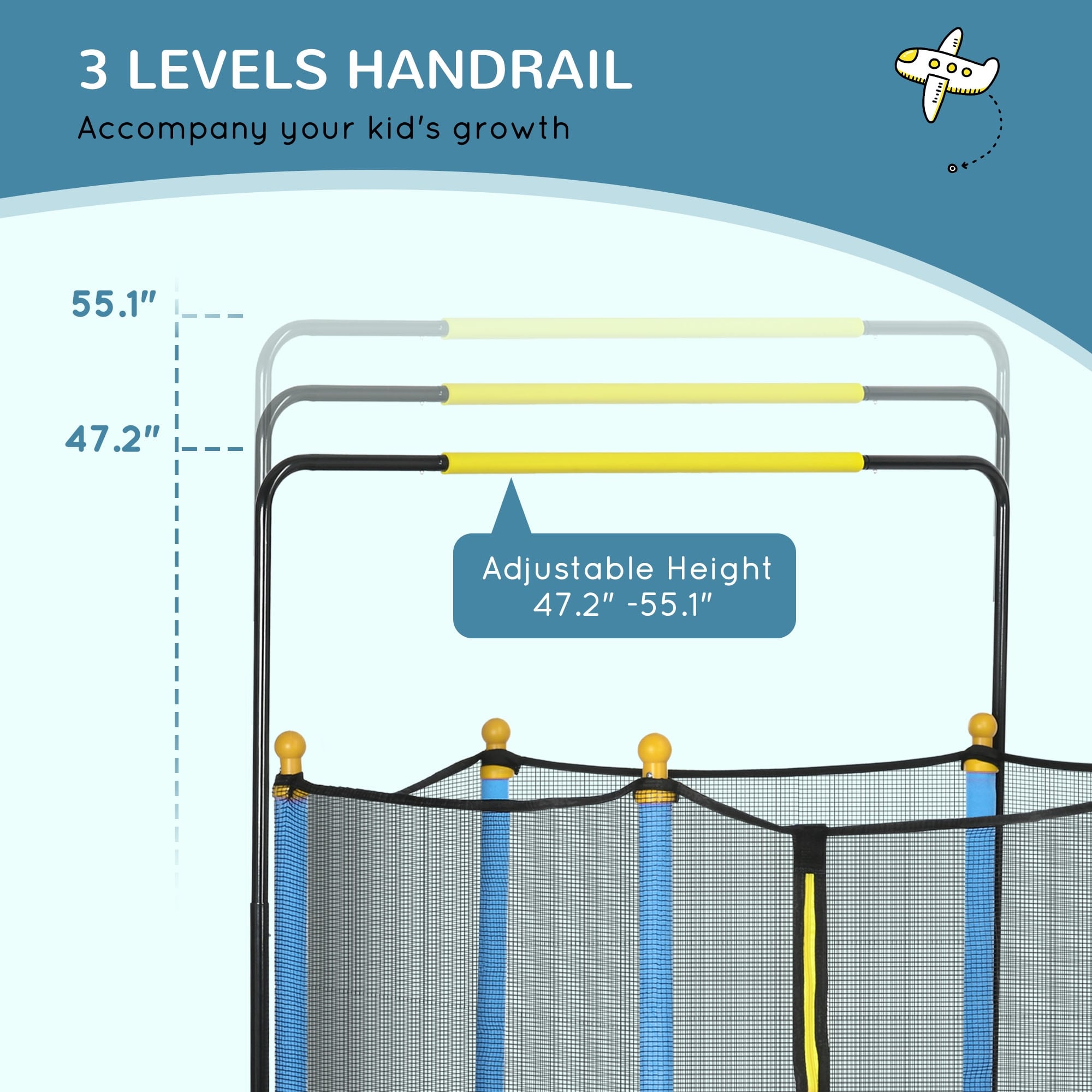 Trampoline Qaba pour enfants de 4,6 pi avec panier de basket, barre horizontale et trampoline d'intérieur de 55 po avec filet