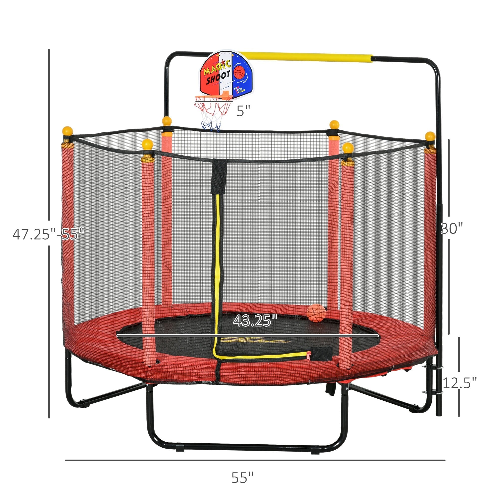 Trampoline Qaba pour enfants de 4,6 pi avec panier de basket, barre horizontale et trampoline d'intérieur de 55 po avec filet