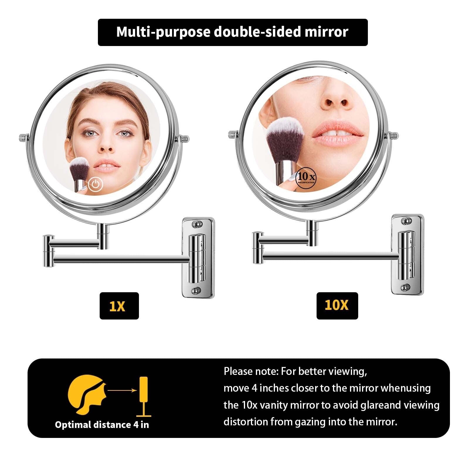 Miroir de maquillage mural rond de 8 pouces, rechargeable, grossissement 1x/10x, 3 lumières colorées