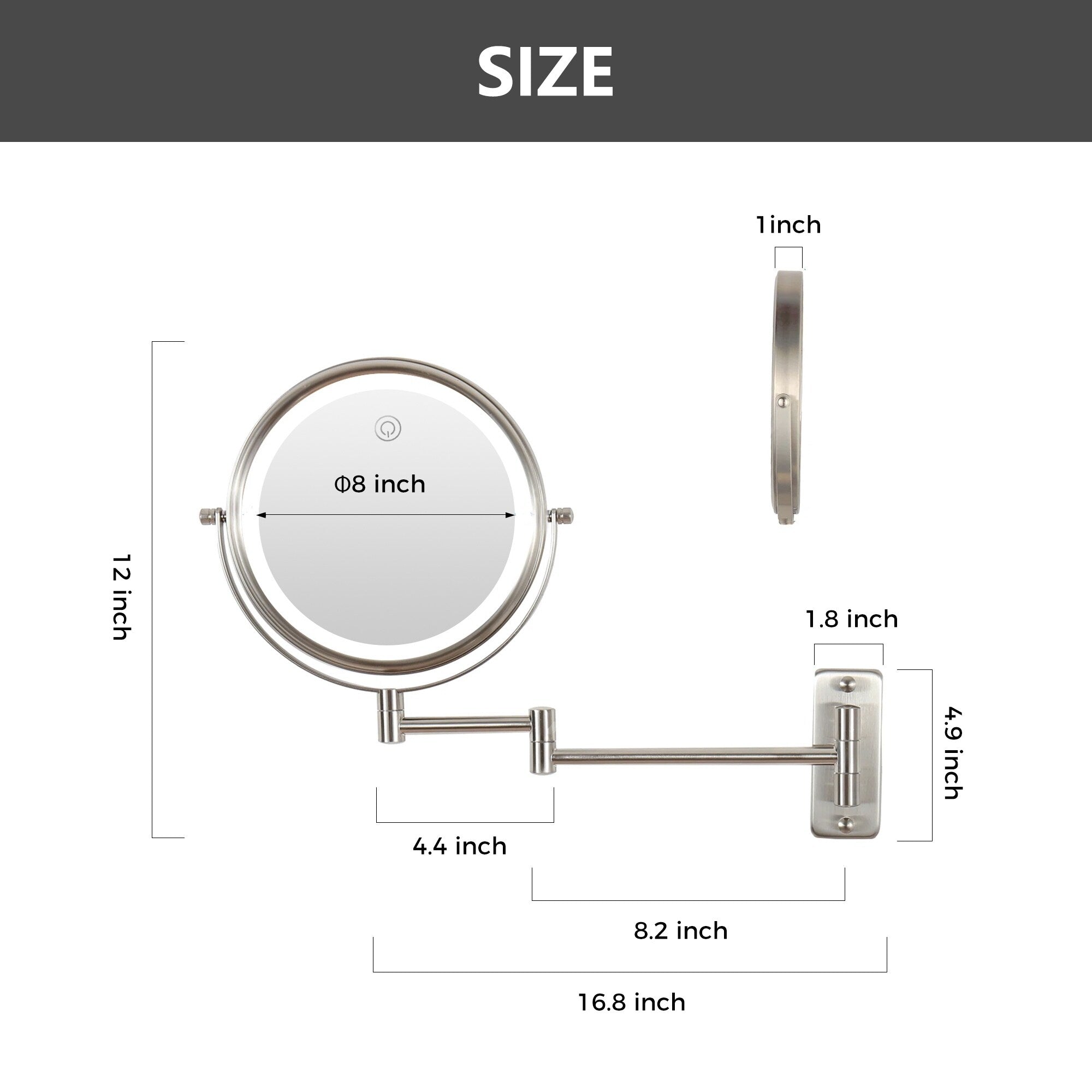 Miroir de maquillage mural rond de 8 pouces, rechargeable, grossissement 1x/10x, 3 lumières colorées