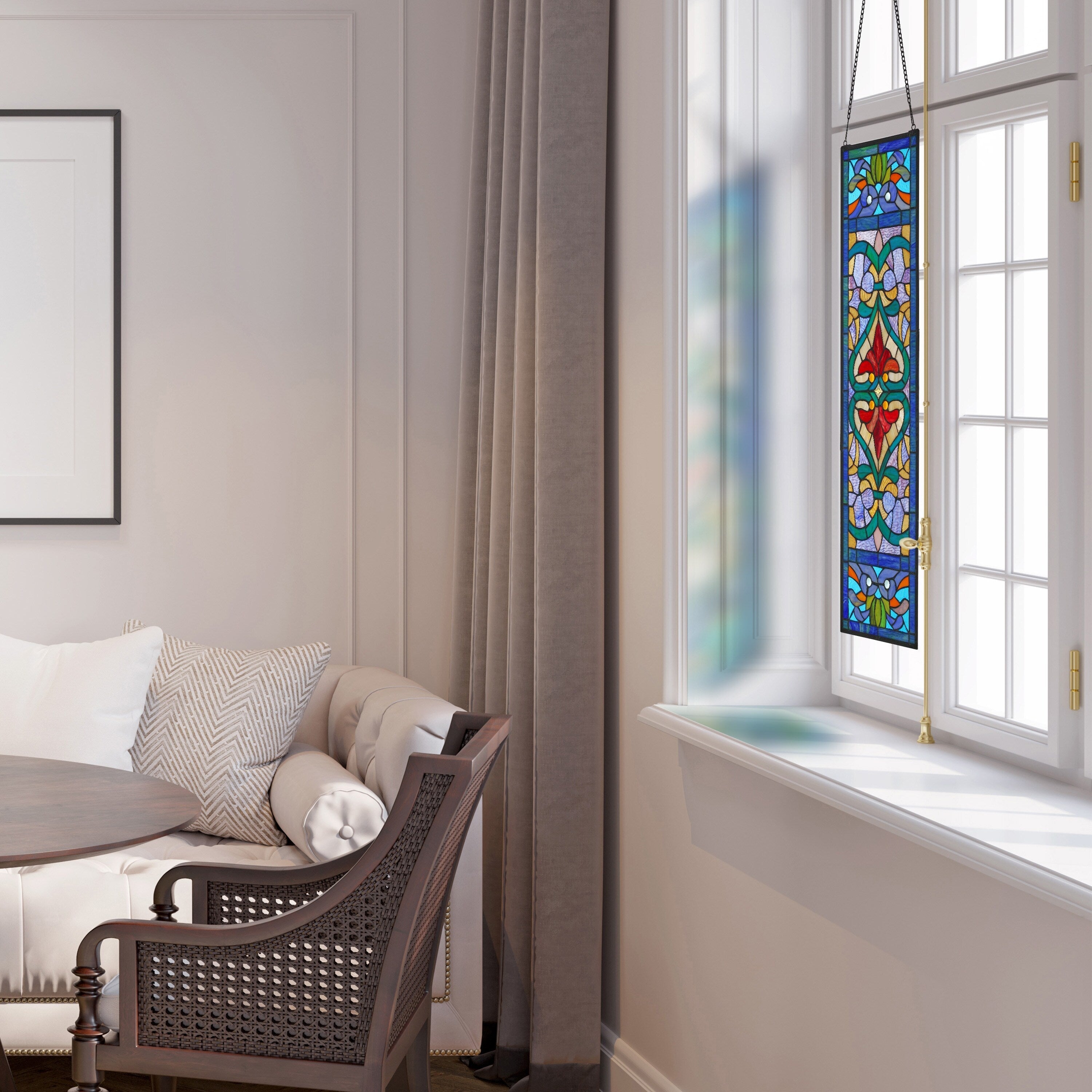 Panneau de fenêtre en vitrail victorien Fleur de lys River of Goods - 9,5 L x 0,25 l x 36 H