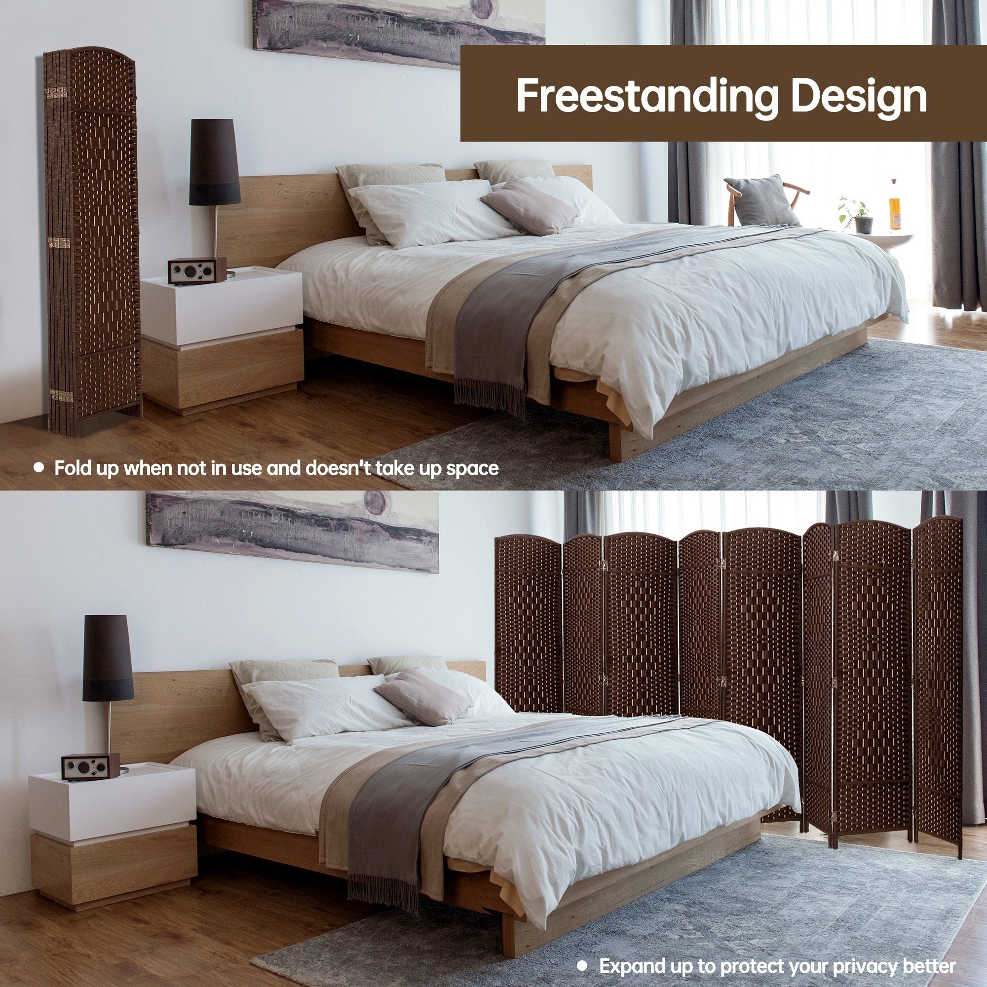 Paravent de séparation de pièce de 6 pieds de haut en fibre tissée, écran de confidentialité autoportant, écran pliant