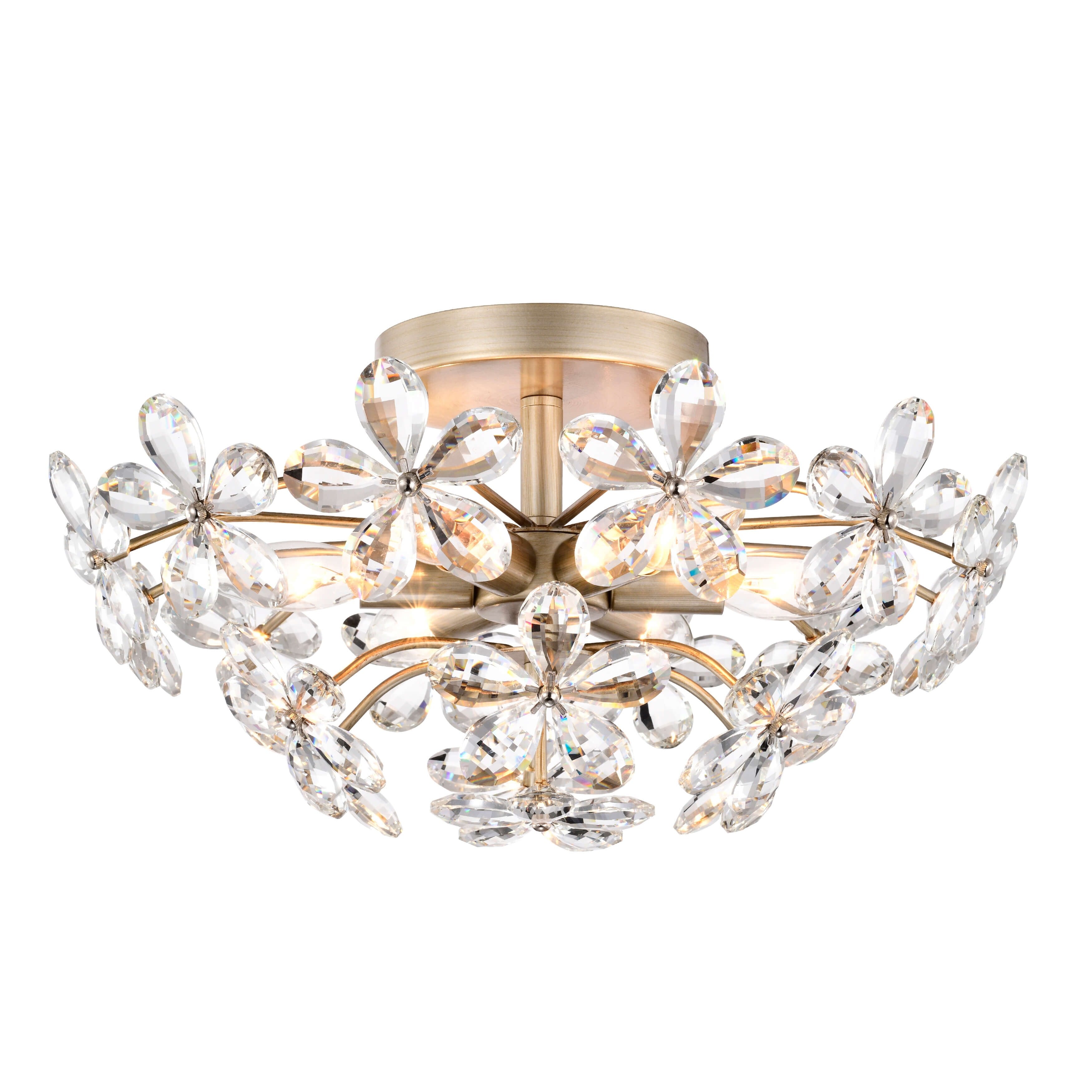 Plafonnier Rosa à 6 lumières en cristal argenté brossé, motif fleur de champagne - 45 cm de diamètre x 22 cm de hauteur