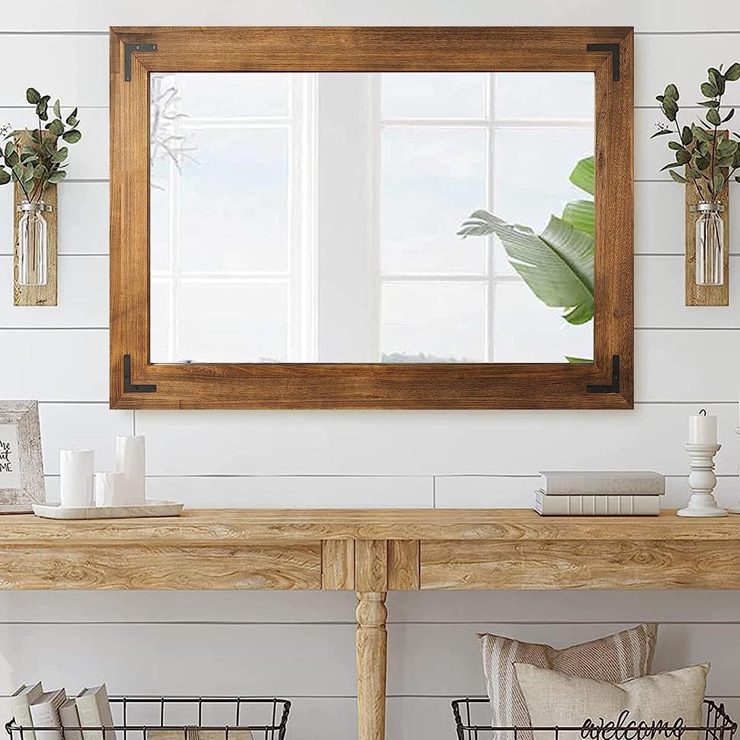 Miroir mural rustique encadré en bois, miroir de salle de bain en bois naturel