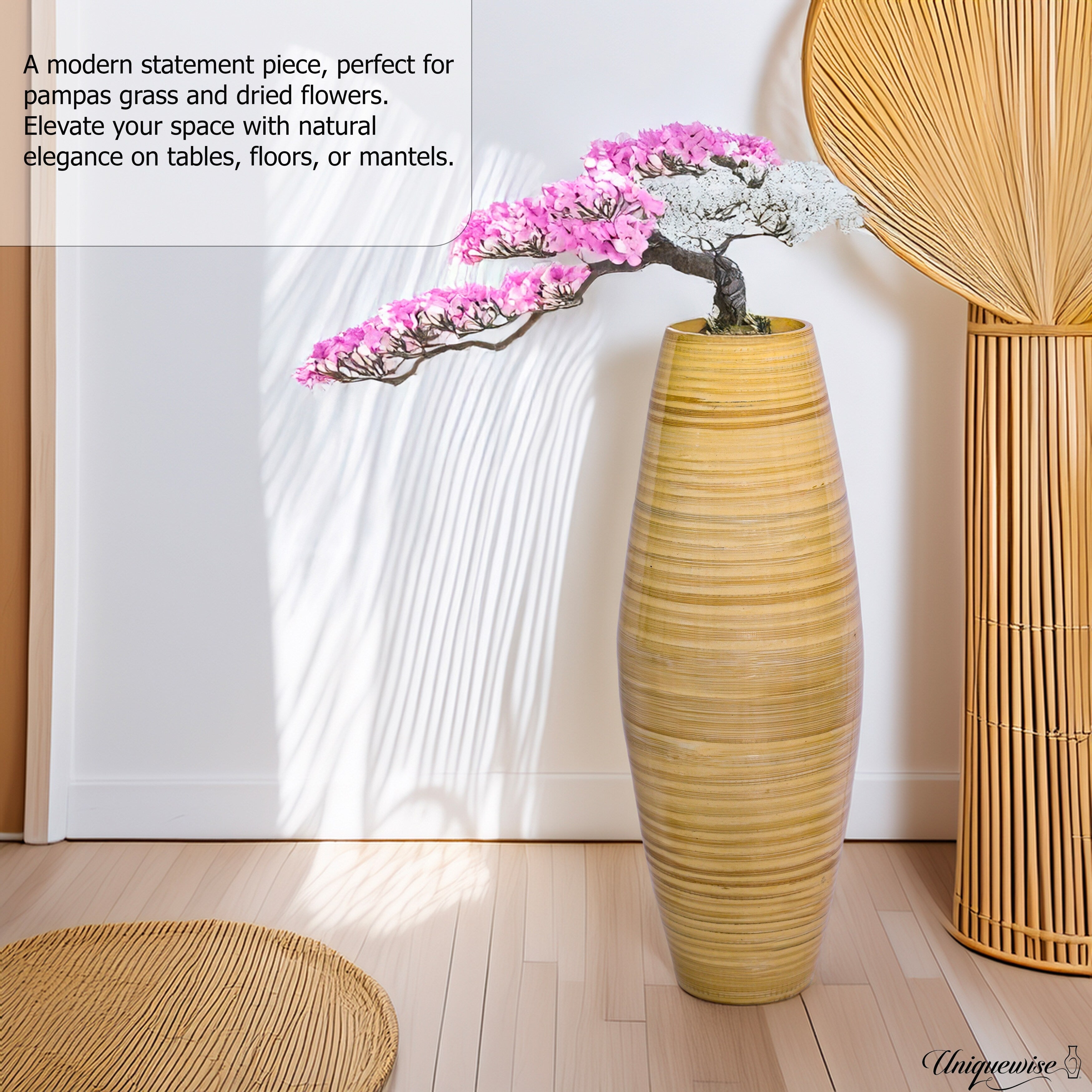 Vase de sol cylindrique en bambou de grande taille, décoratif pour halls d'hôtel et spas, idéal pour le salon ou le couloir.