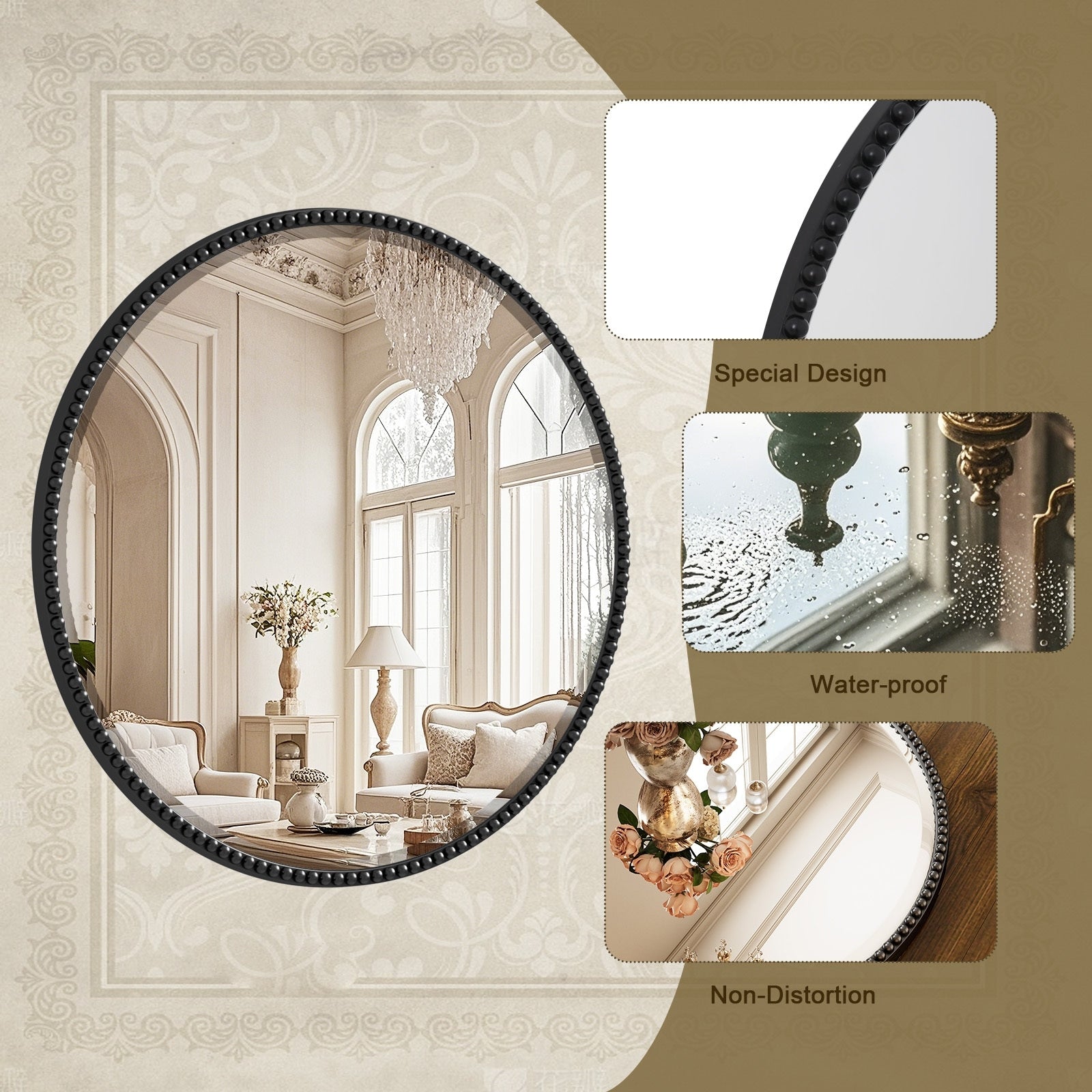 Miroir de salle de bain rond vintage avec cadre perlé