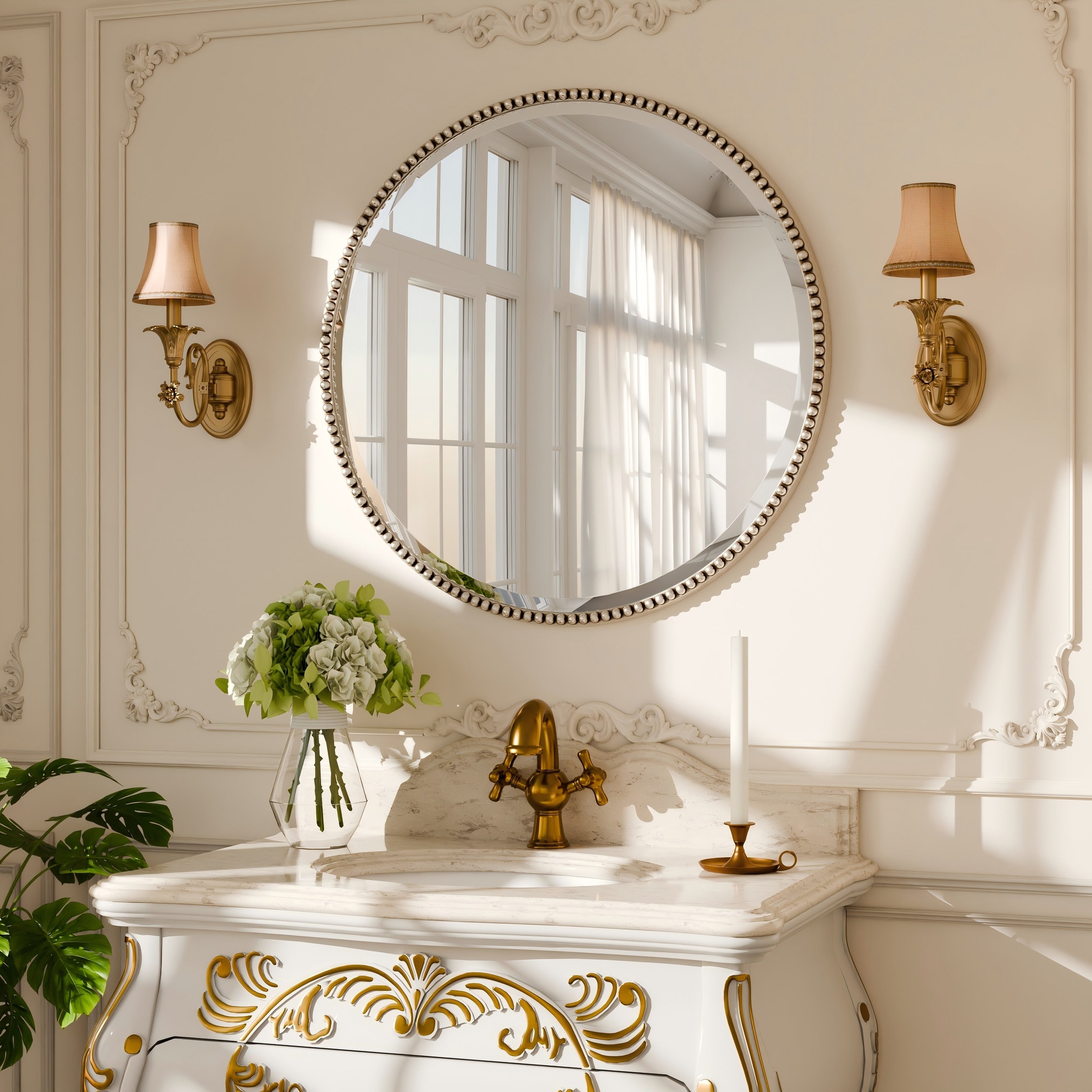 Miroir de salle de bain rond vintage avec cadre perlé
