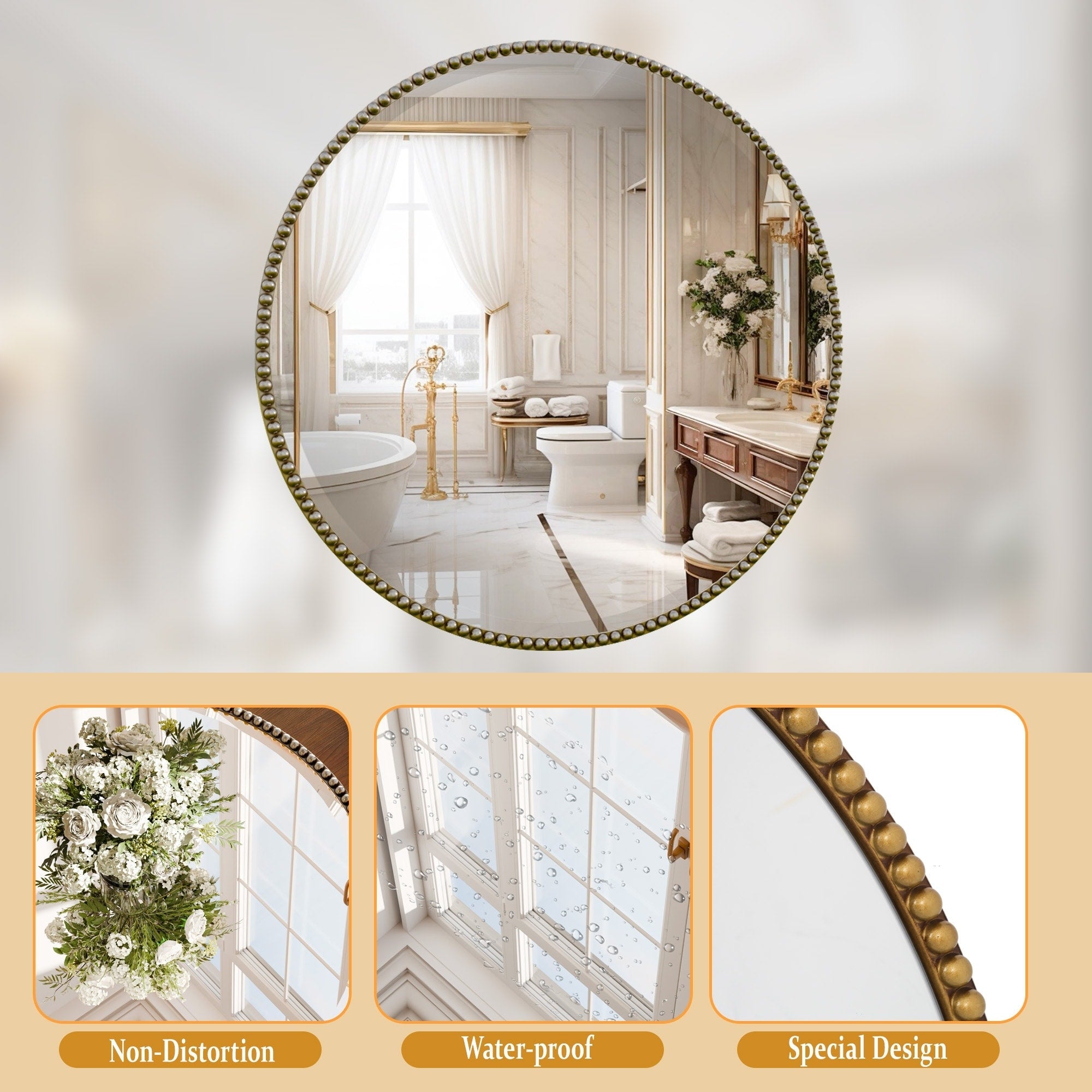 Miroir de salle de bain rond vintage avec cadre perlé