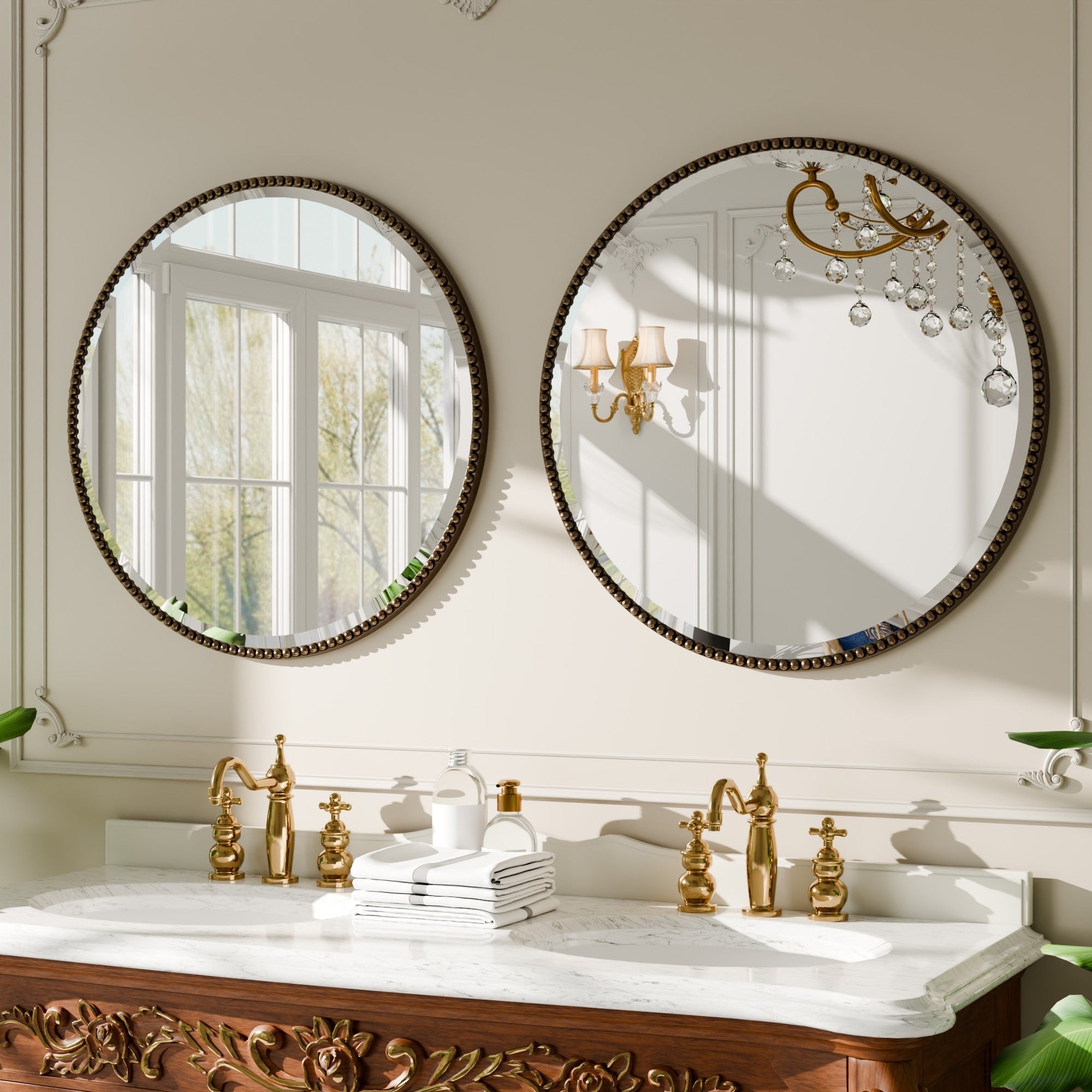 Miroir de salle de bain rond vintage avec cadre perlé