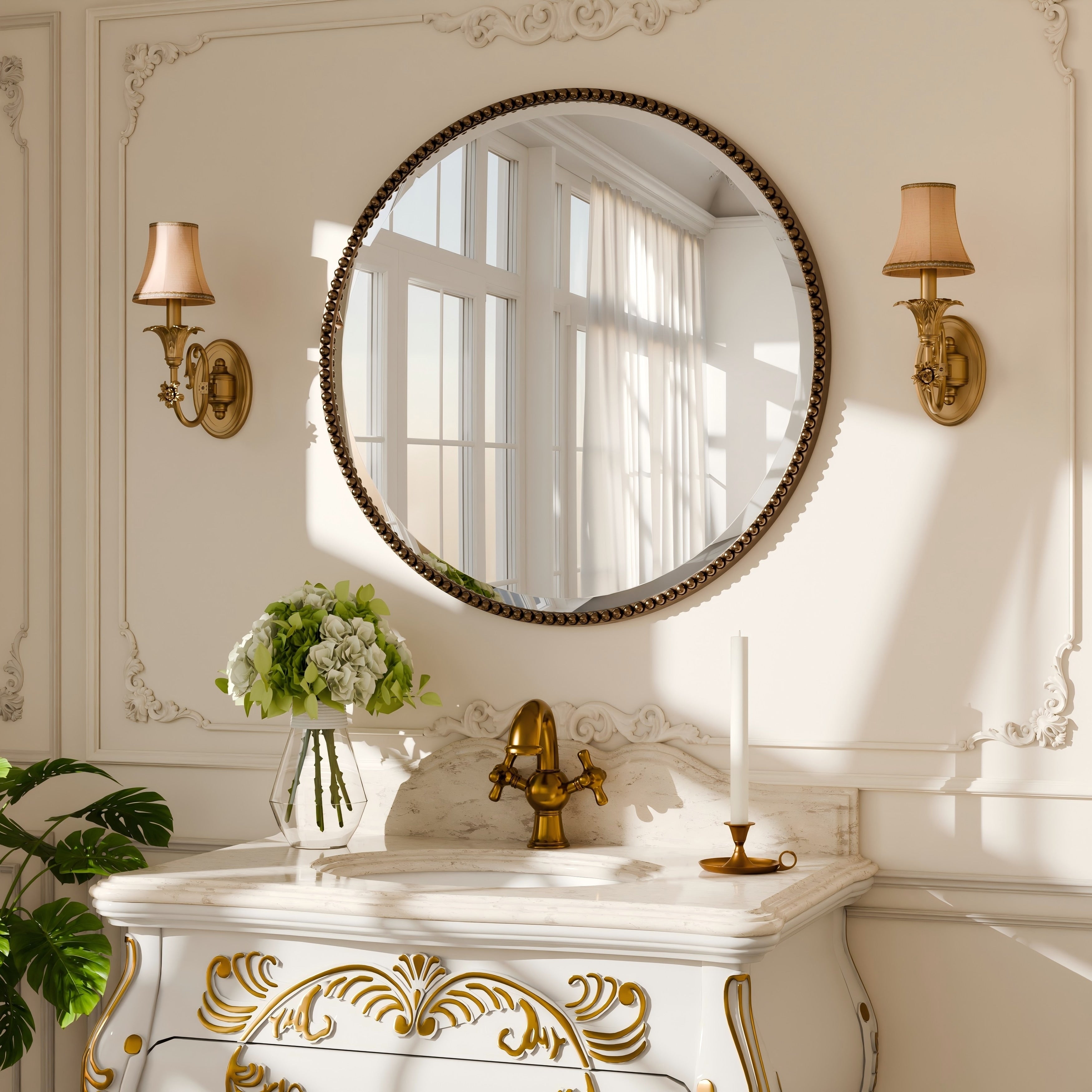 Miroir de salle de bain rond vintage avec cadre perlé