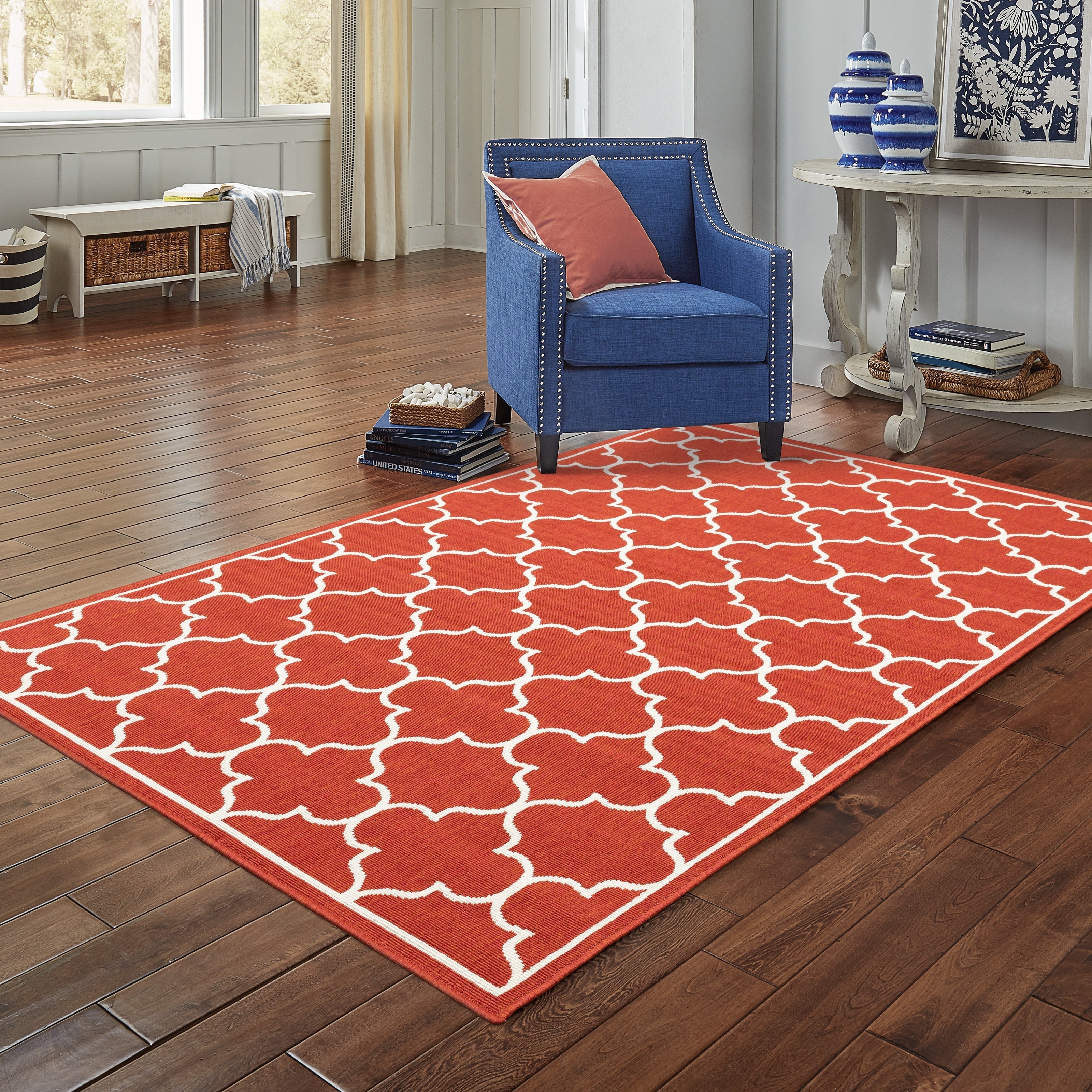 Tapis d'intérieur/extérieur en treillis blanc cassé/rouge brique Vista Home Martinique.